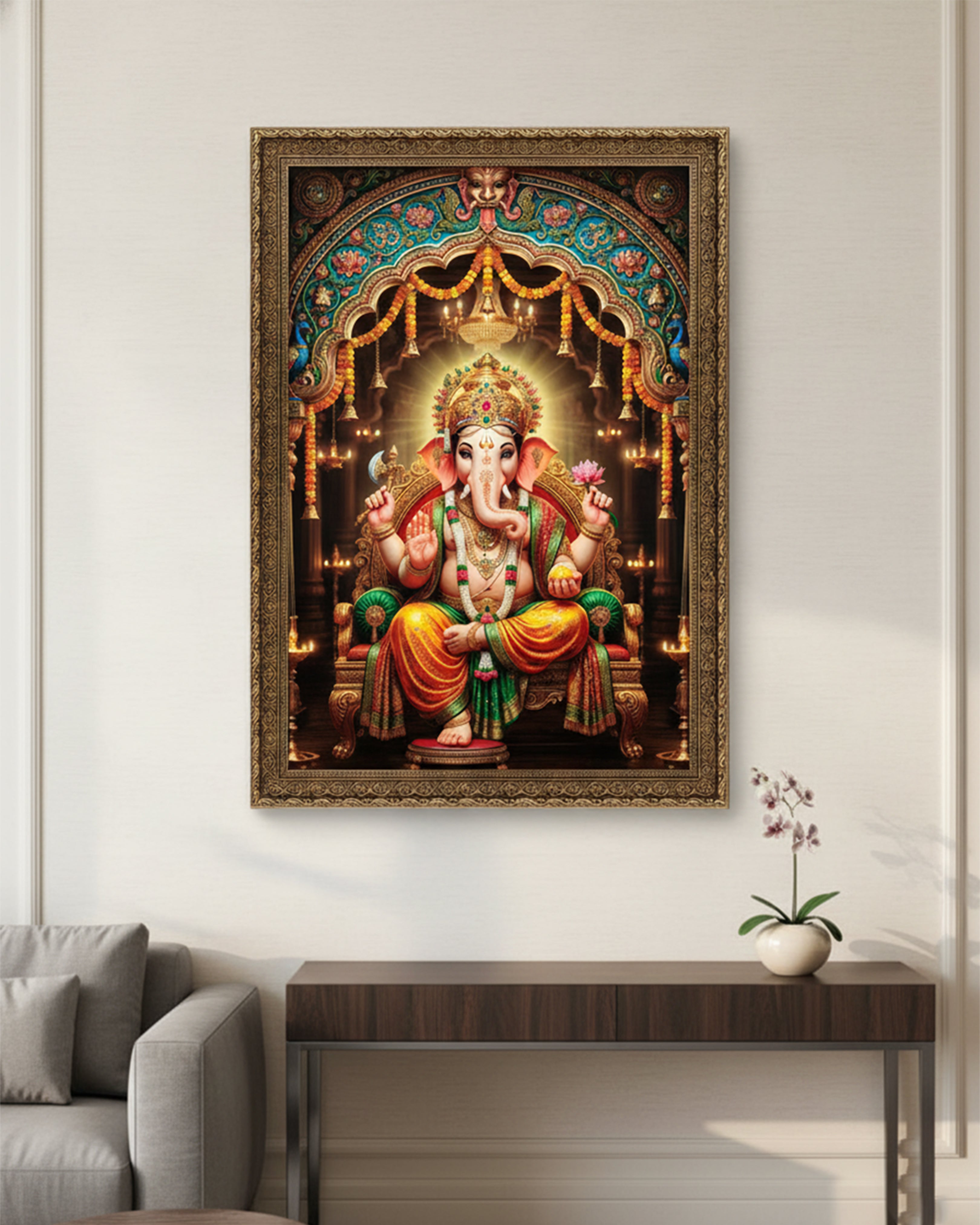 Divine Lord Ganesha Vibrant Wall Art Painting - Premium Framed Spiritual Decor for Home & Office