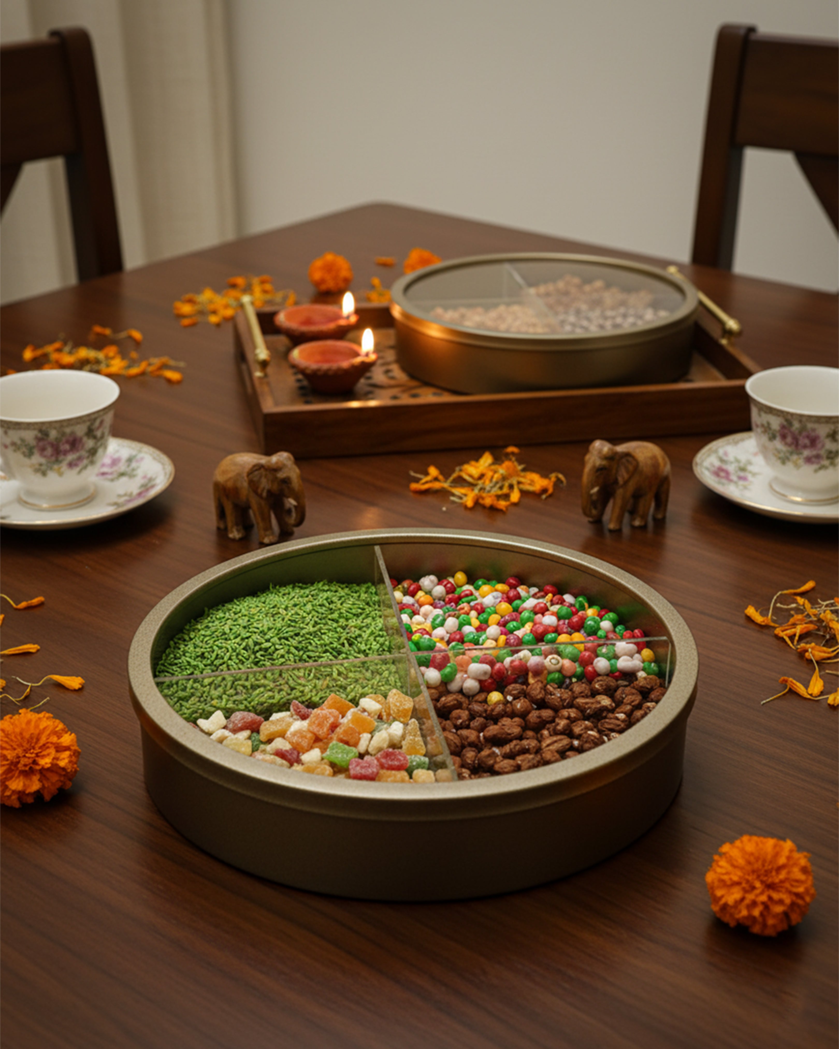 Premium Brass-Finish Festive Mukhwas Set - 4-Compartment Airtight Dry Fruit & Snack Organizer with Lid