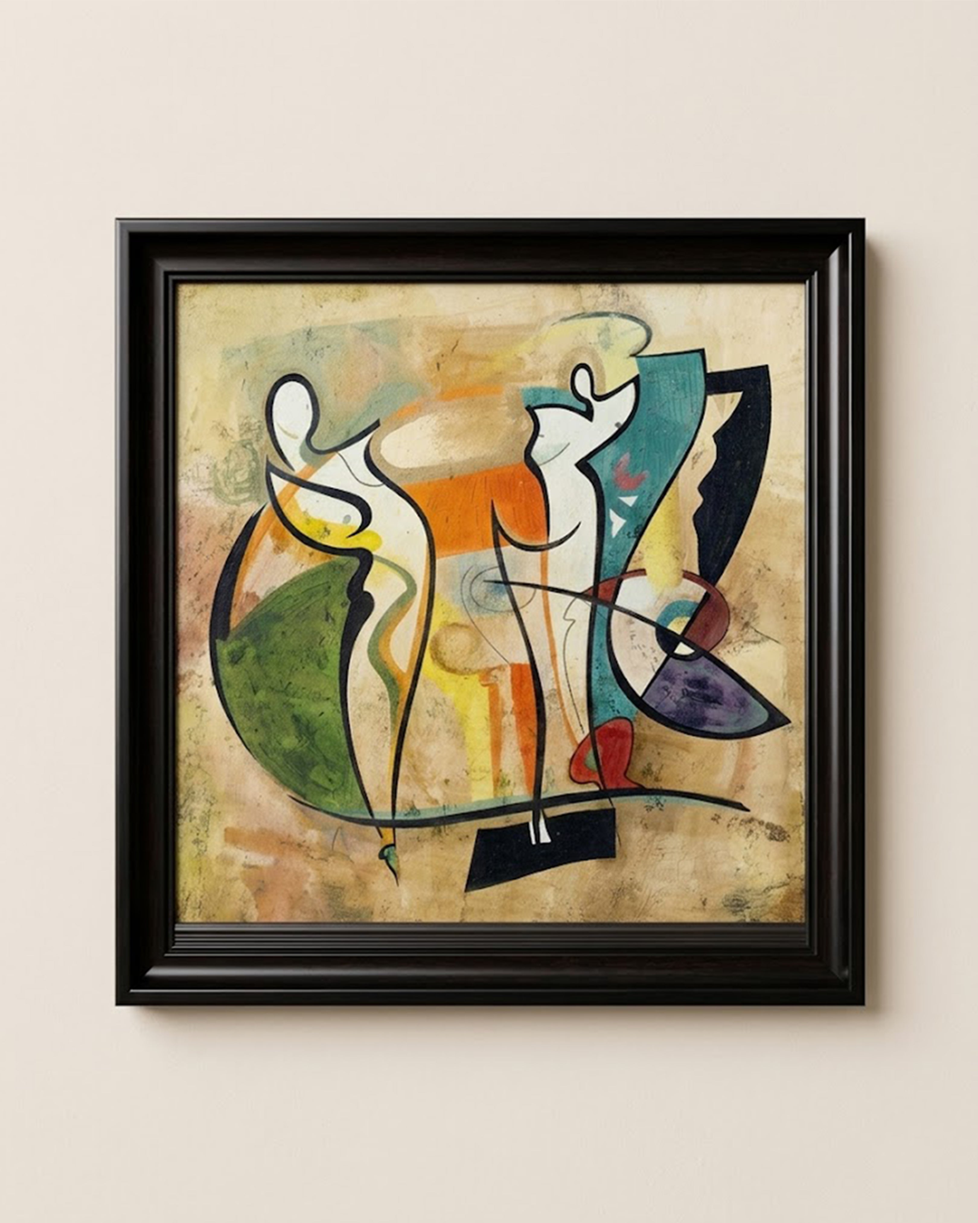 Modern Abstract Figures Canvas Wall Art - Contemporary Human Silhouette Painting with Premium Black Frame for Living Room & Office Decor