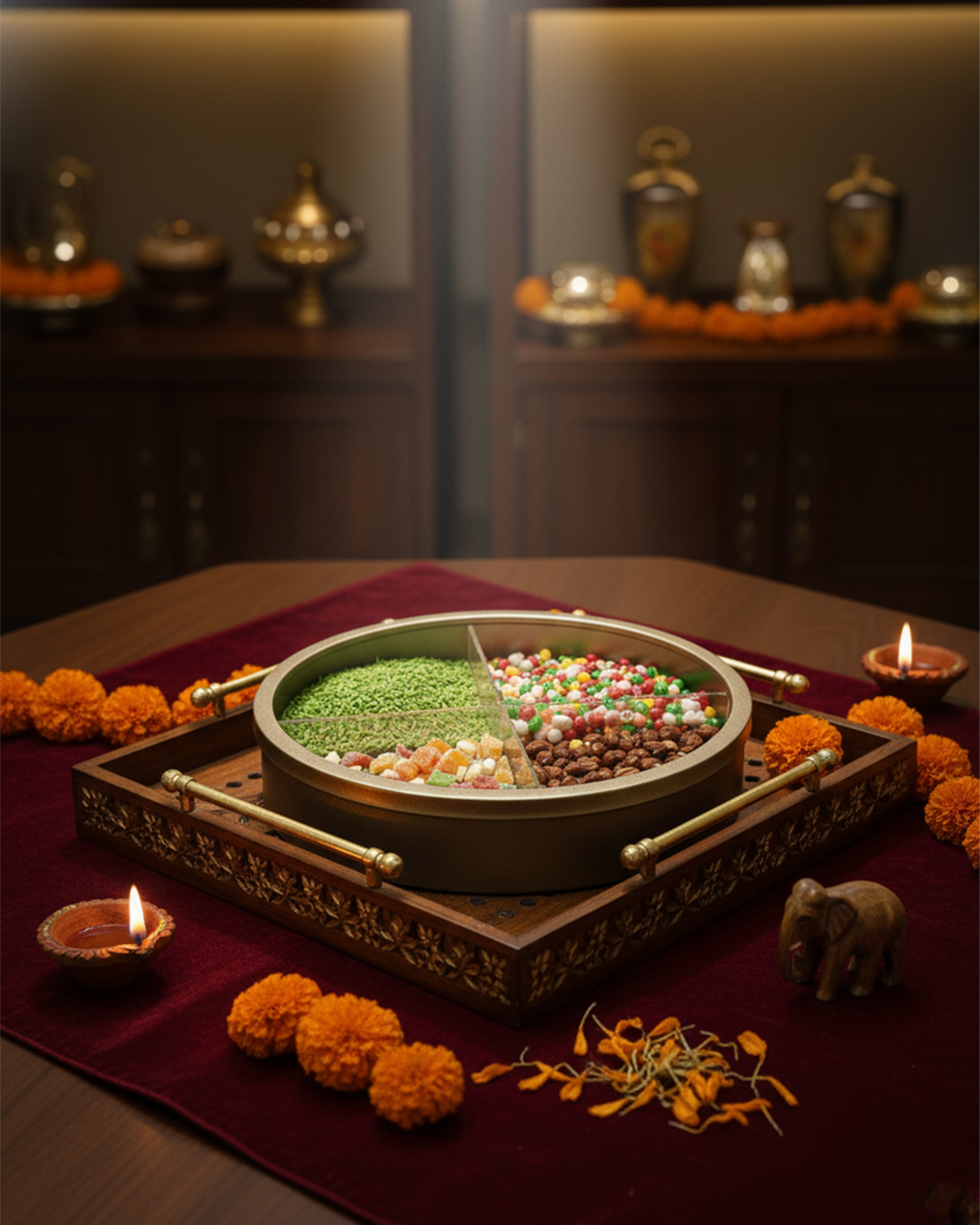 Premium Brass-Finish Festive Mukhwas Set - 4-Compartment Airtight Dry Fruit & Snack Organizer with Lid