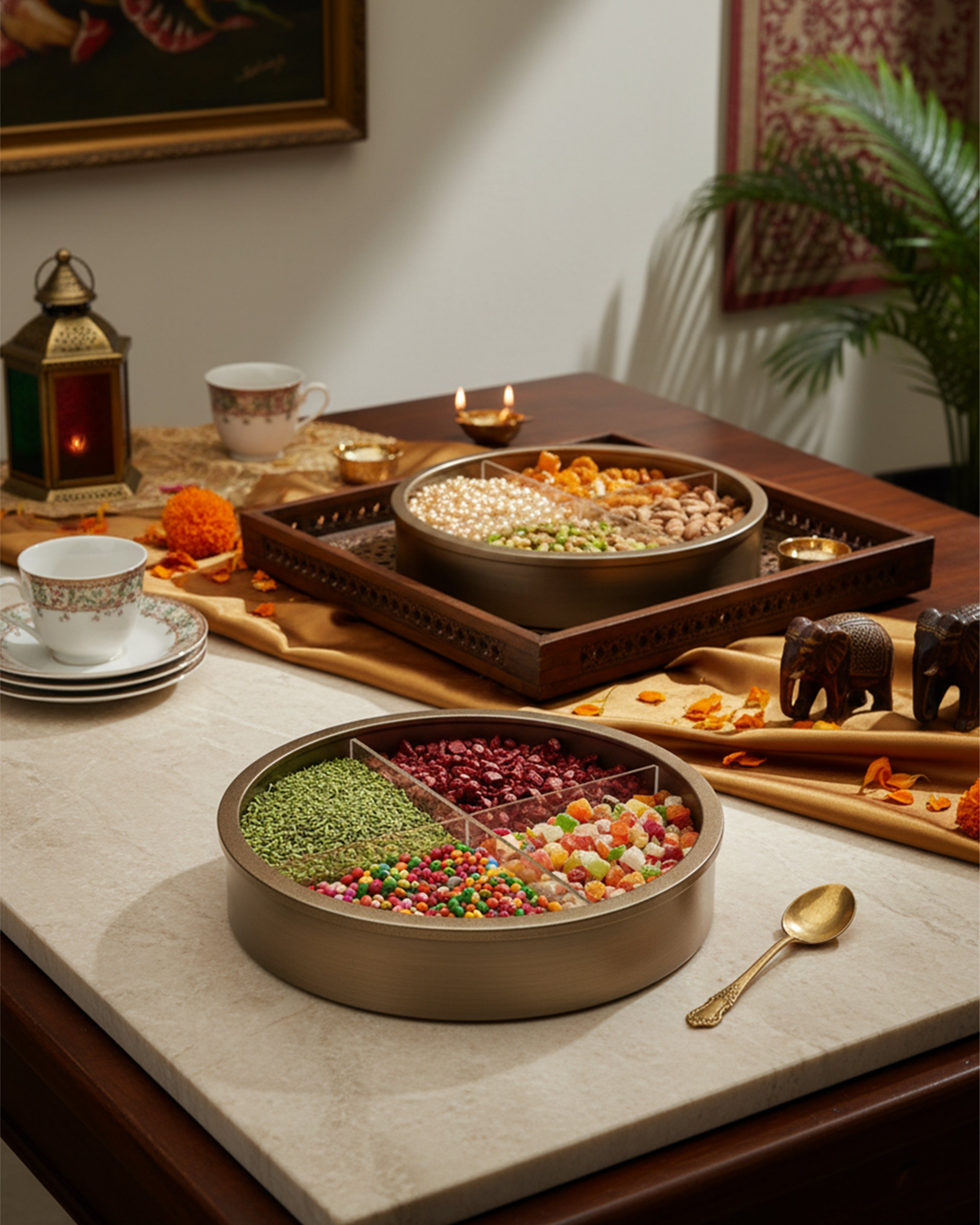 Premium Brass-Finish Festive Mukhwas Set - 4-Compartment Airtight Dry Fruit & Snack Organizer with Lid