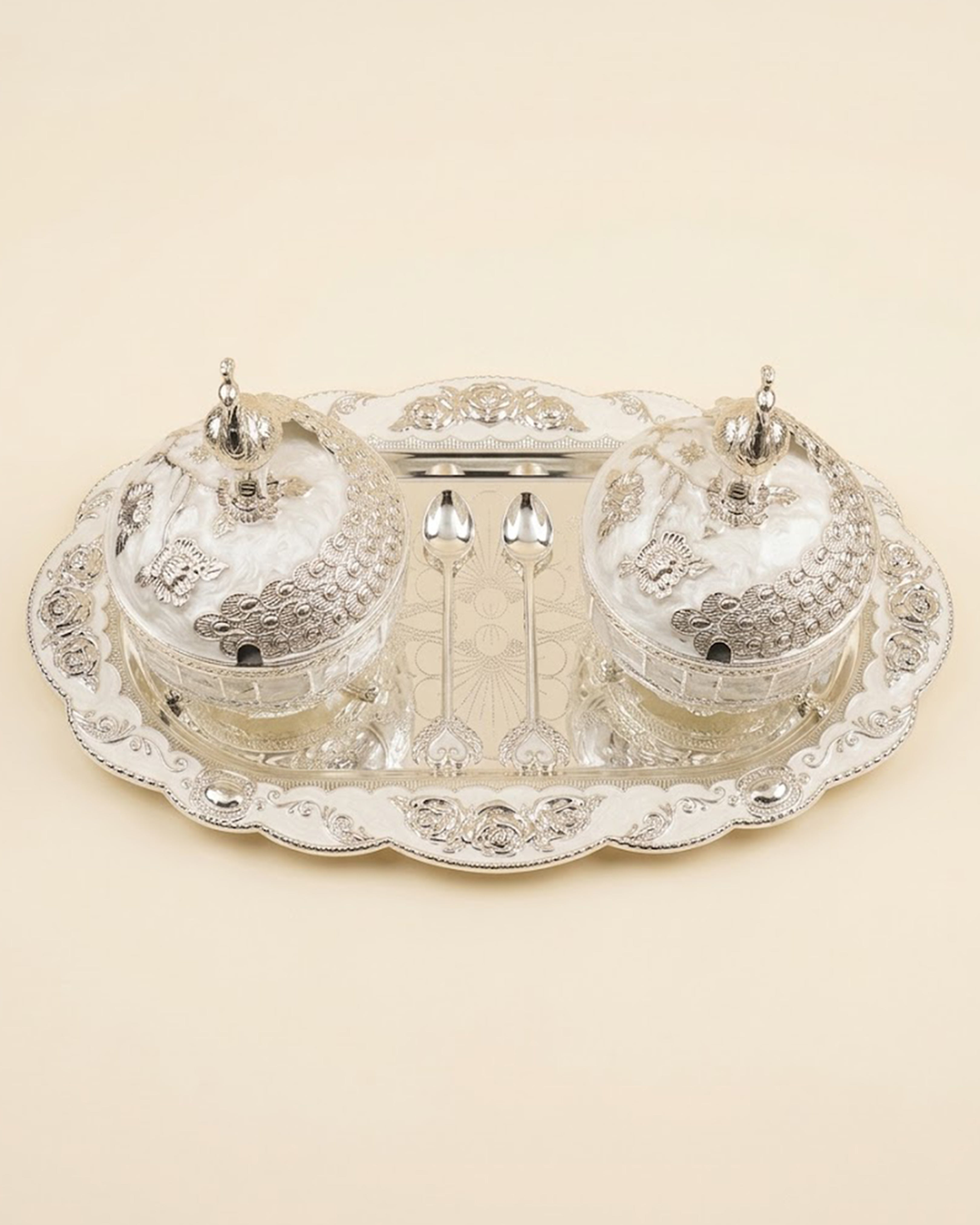 Royal Silver-Plated Peacock Dual Serving Set – Handcrafted Tray with Lidded Bowls & Spoons