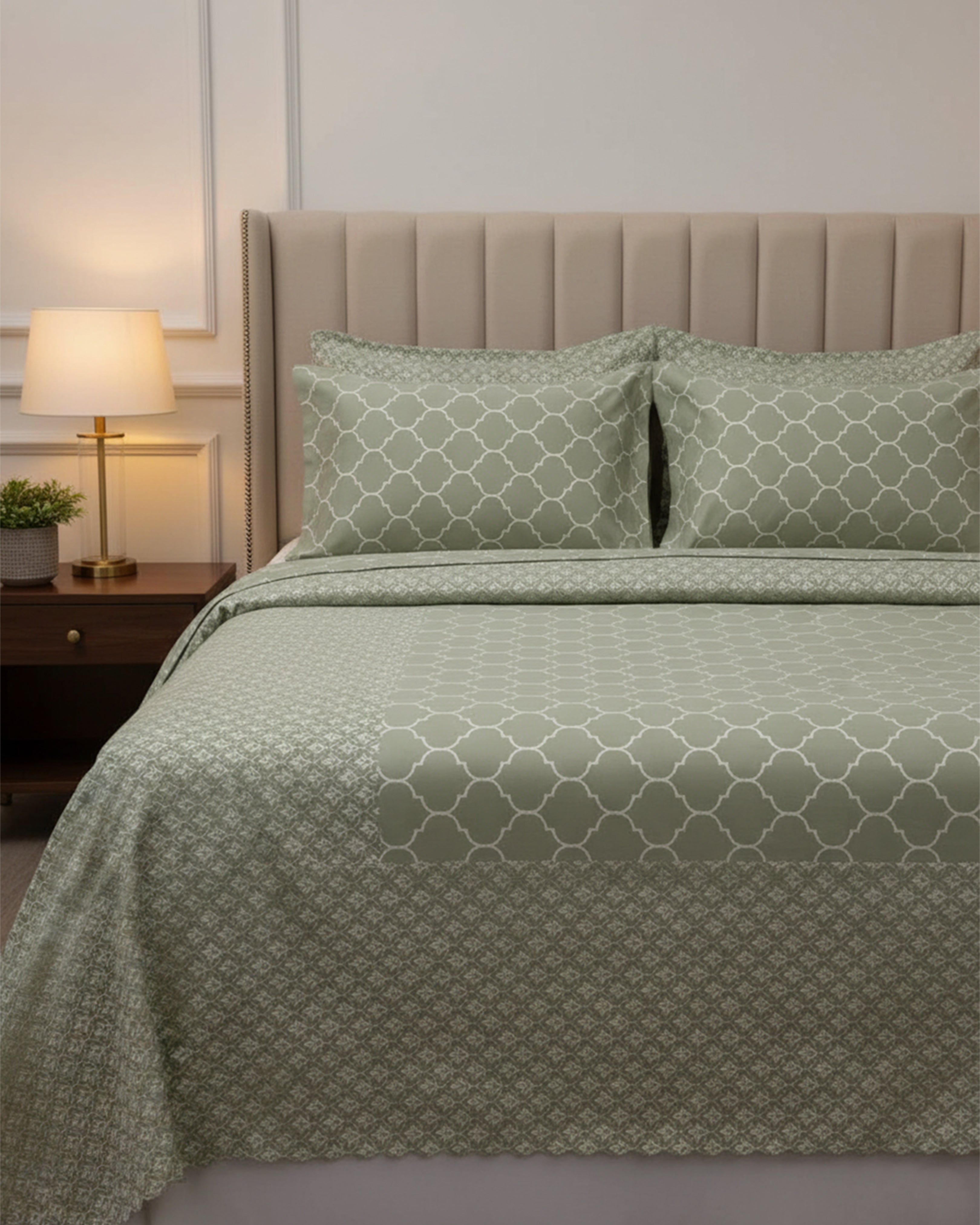 Premium Sage Green Geometric Cotton Double Bed Sheet with 2 Pillow Covers – Modern Lattice Collection