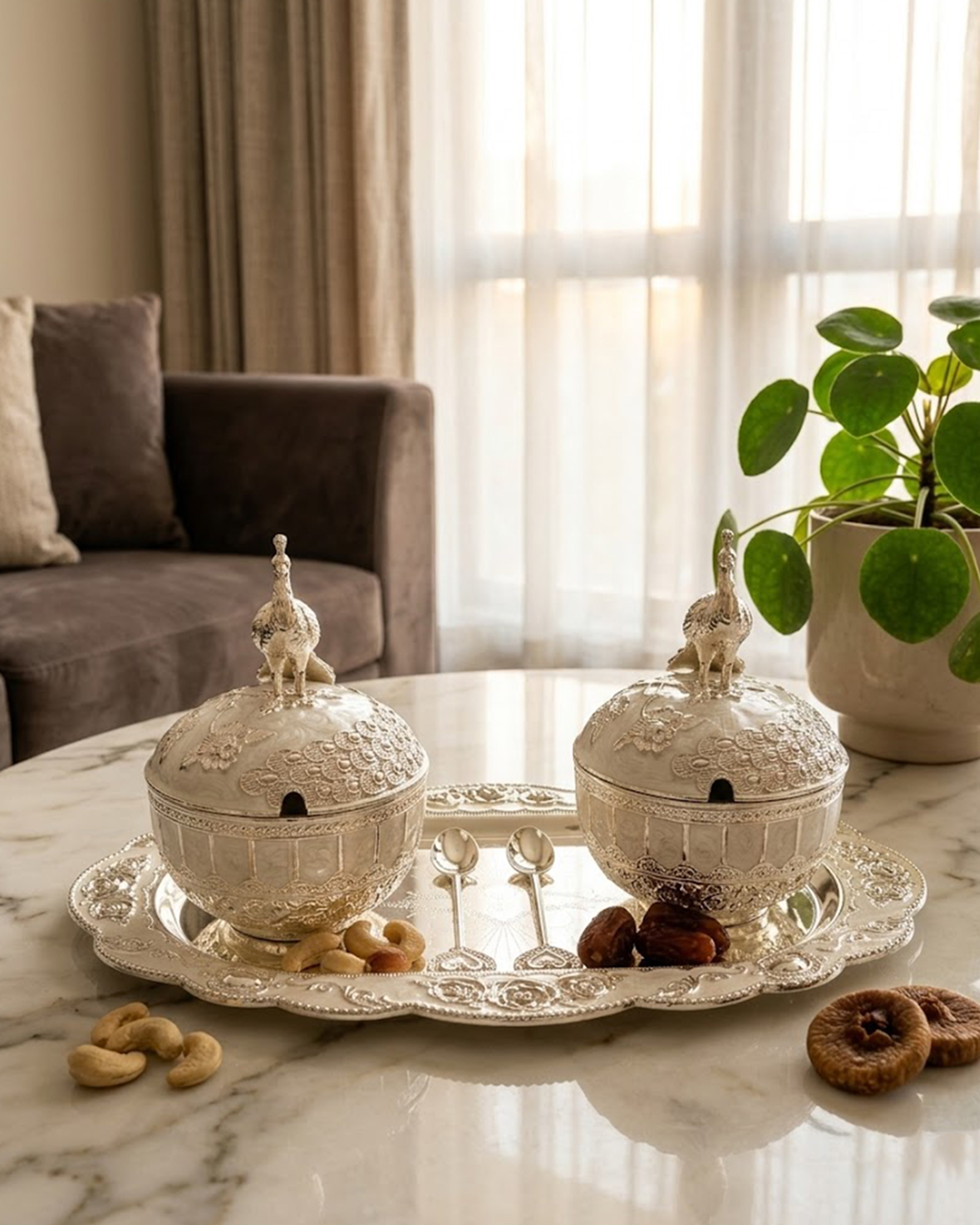Royal Silver-Plated Peacock Dual Serving Set – Handcrafted Tray with Lidded Bowls & Spoons