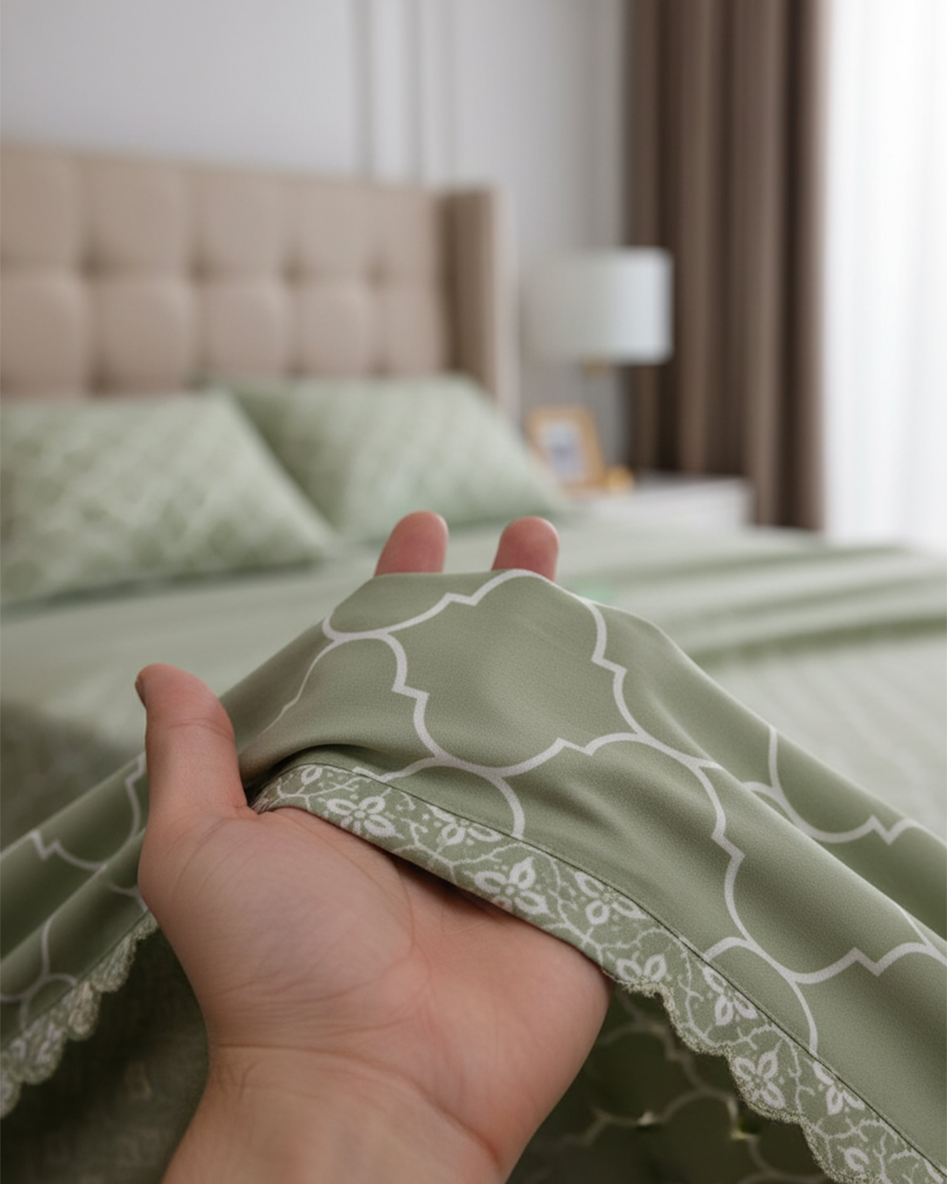 Premium Sage Green Geometric Cotton Double Bed Sheet with 2 Pillow Covers – Modern Lattice Collection