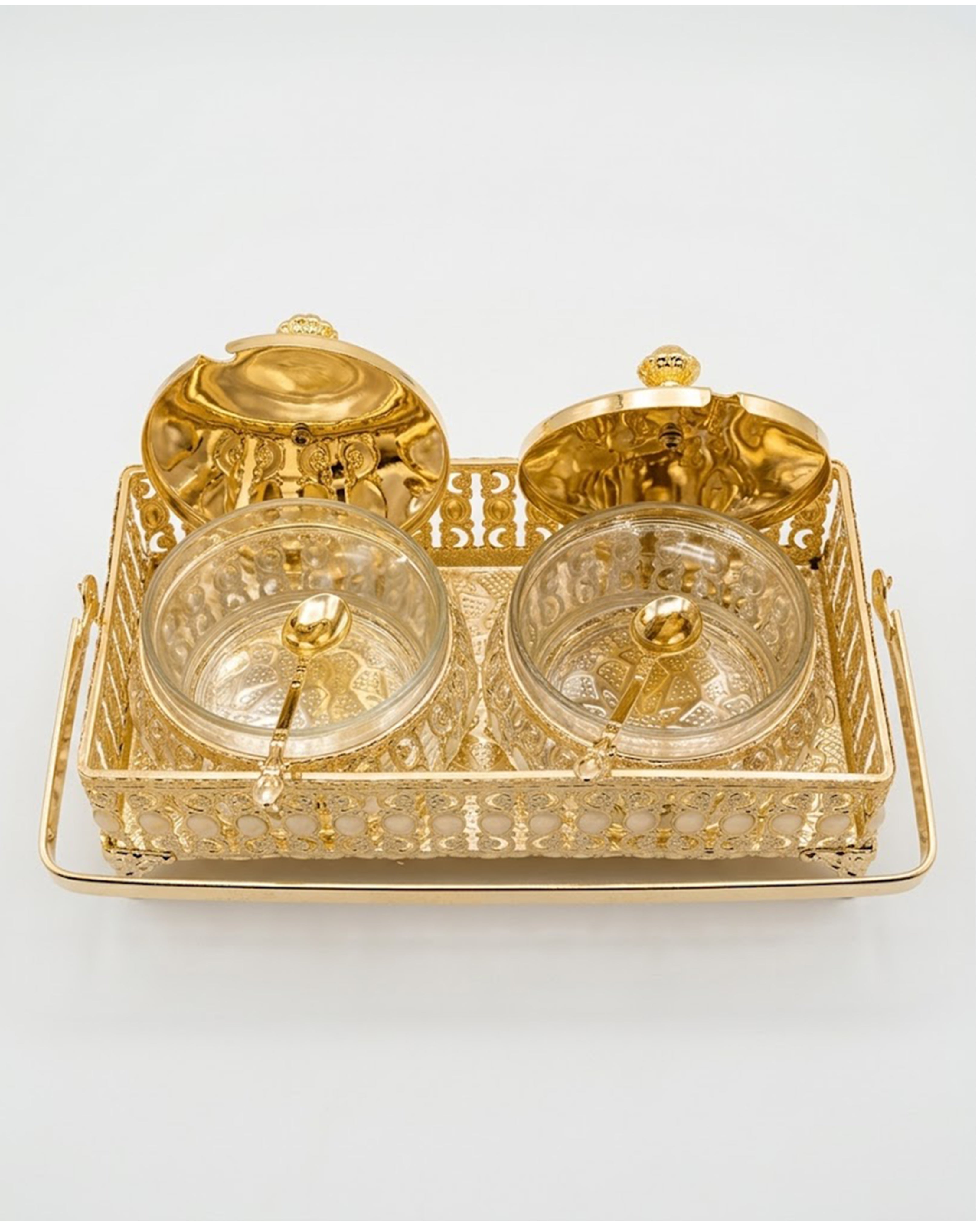 Luxury Gold-Plated 2-Jar Dry Fruit Set with Intricate Filigree Tray – Premium Glass Containers with Spoons for Royal Dining & Festive Gifting