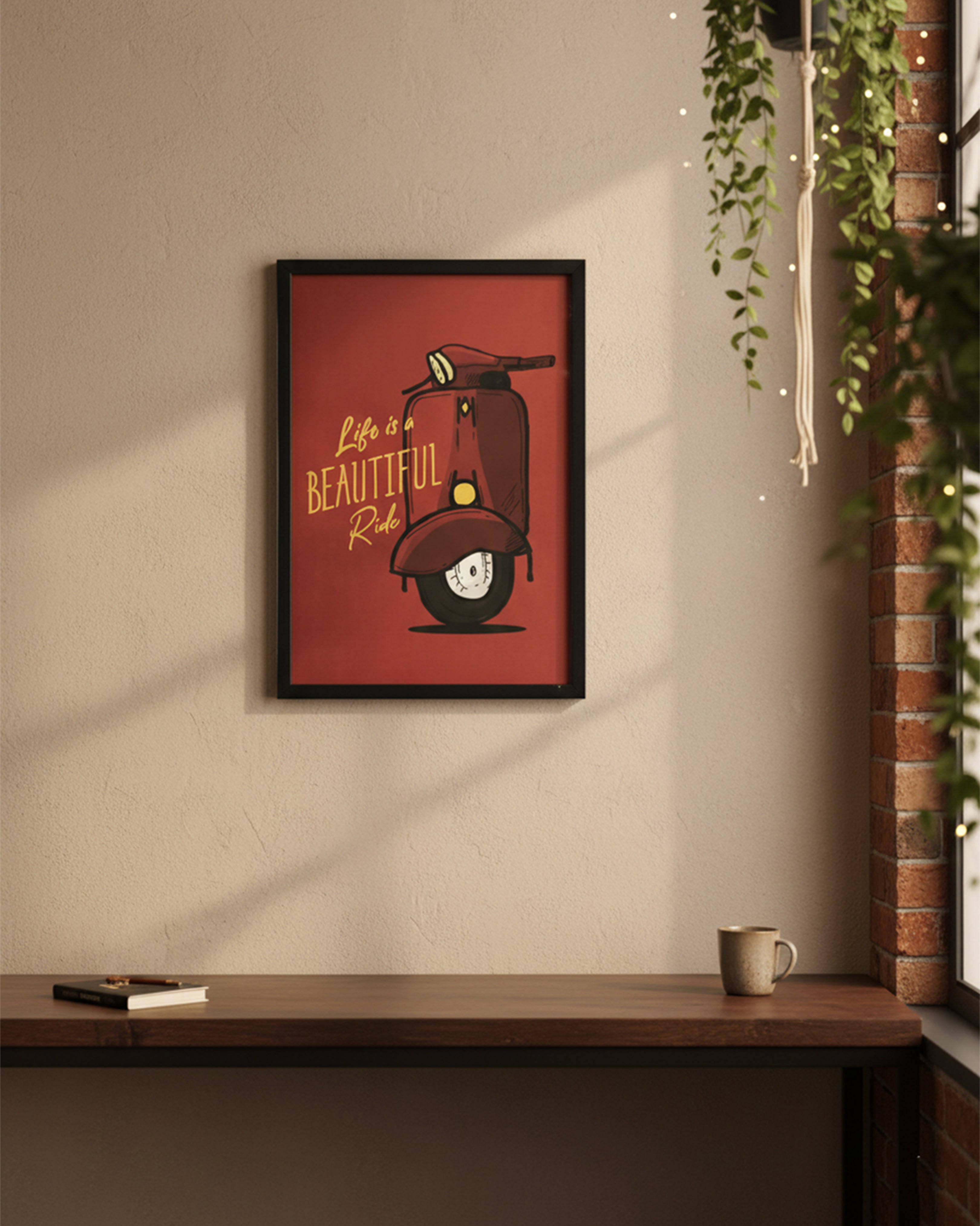 "Life is a Beautiful Ride" Vintage Scooter Wall Art - Premium Black Framed Retro Motivational Poster