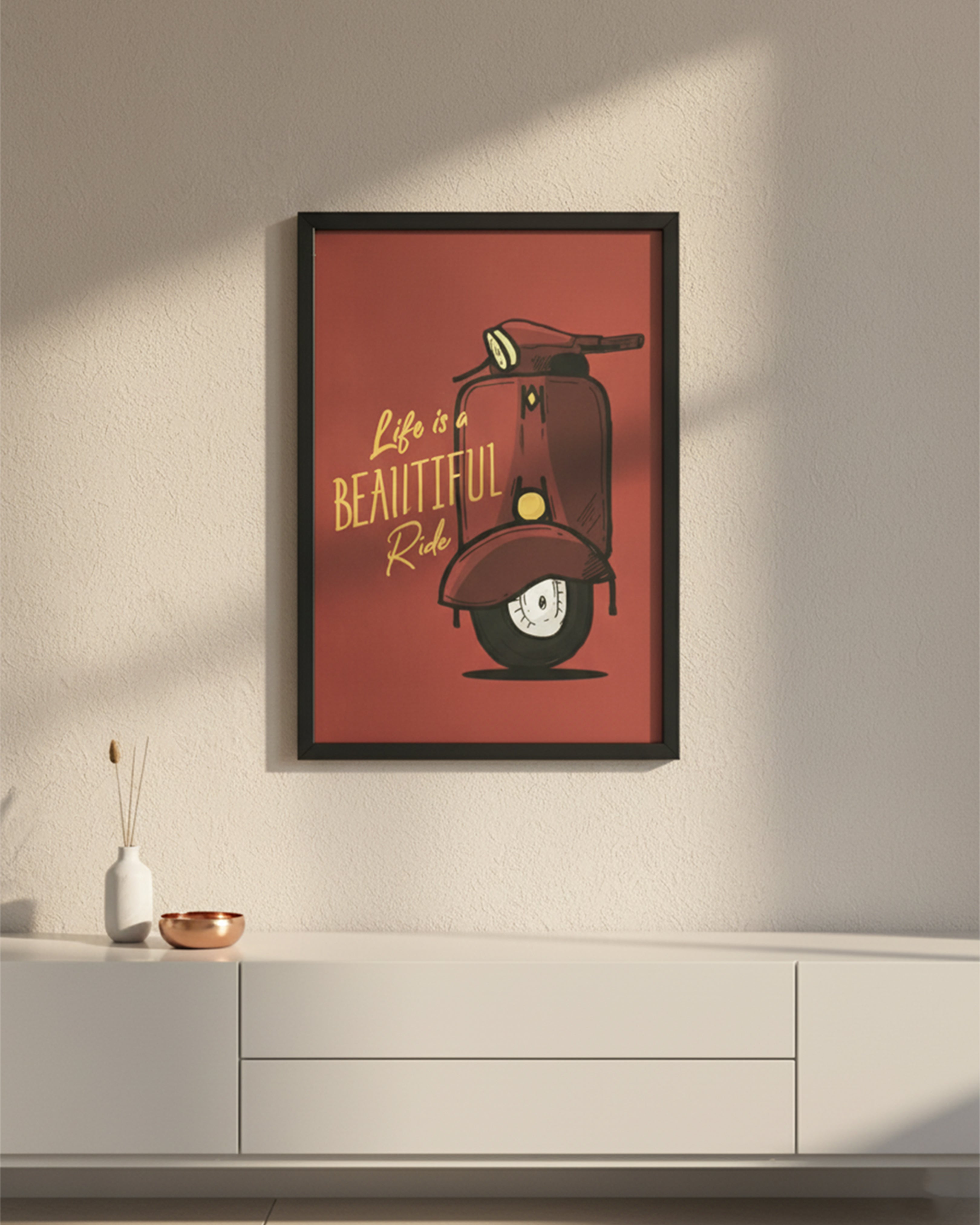 "Life is a Beautiful Ride" Vintage Scooter Wall Art - Premium Black Framed Retro Motivational Poster