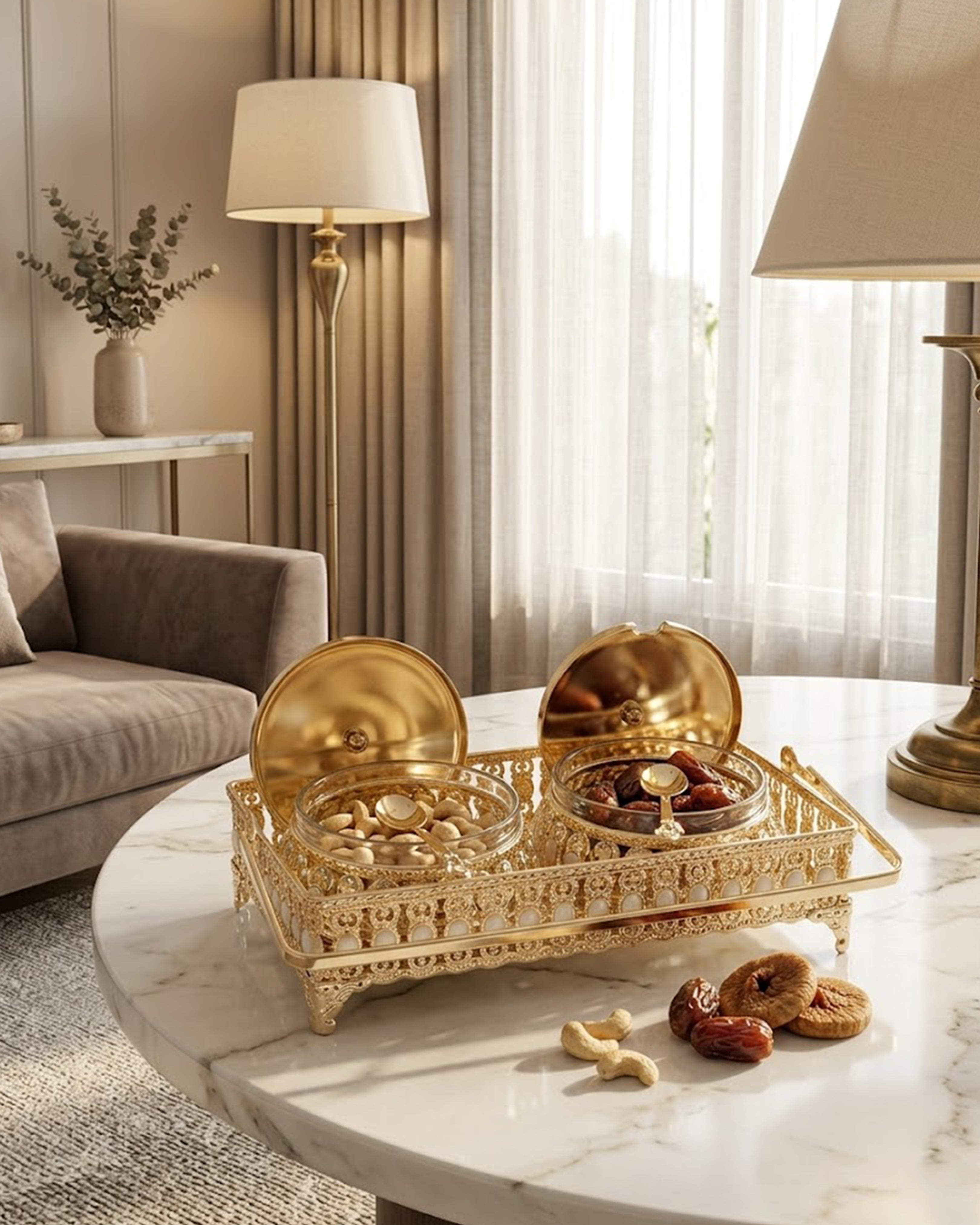 Luxury Gold-Plated 2-Jar Dry Fruit Set with Intricate Filigree Tray – Premium Glass Containers with Spoons for Royal Dining & Festive Gifting