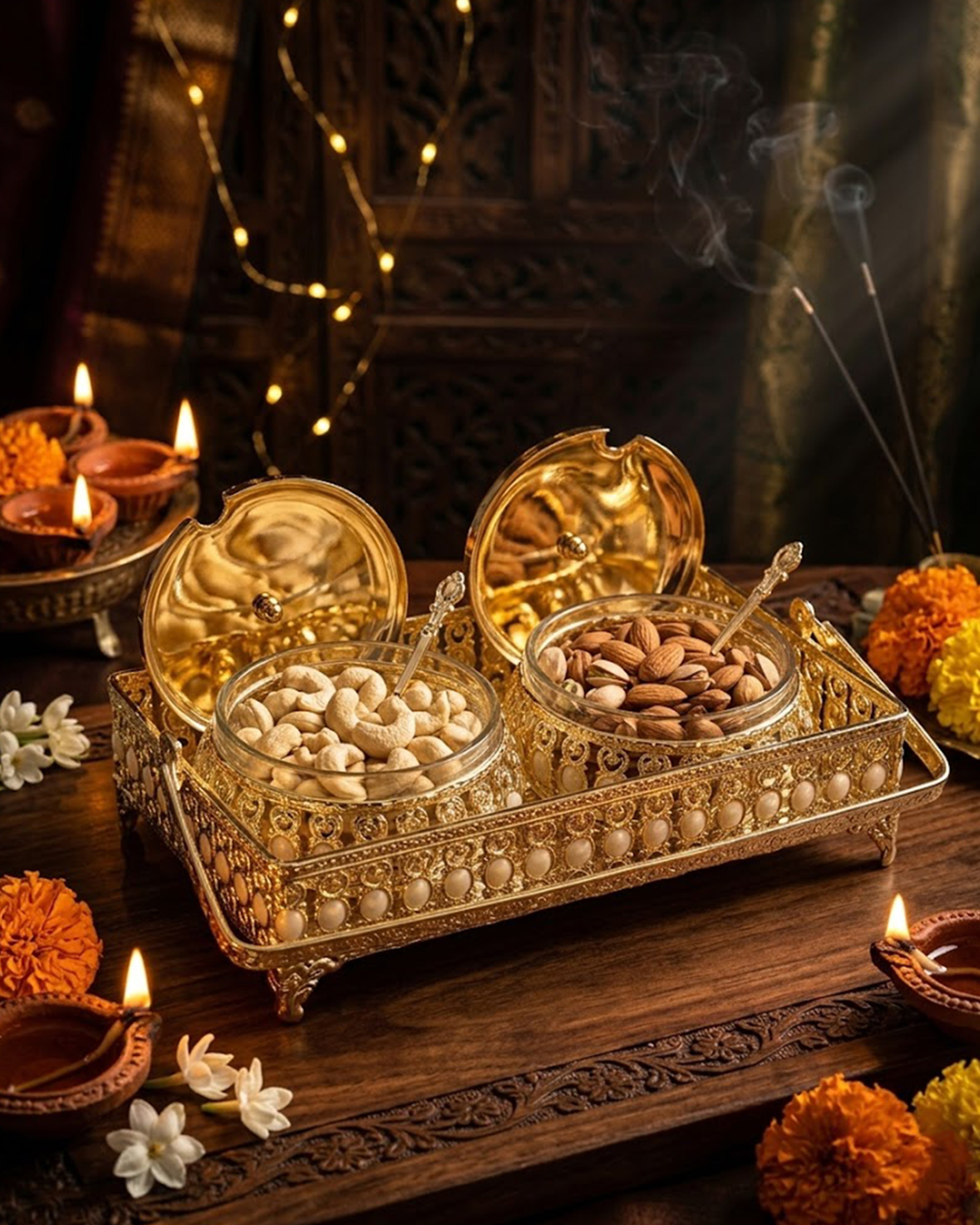 Luxury Gold-Plated 2-Jar Dry Fruit Set with Intricate Filigree Tray – Premium Glass Containers with Spoons for Royal Dining & Festive Gifting