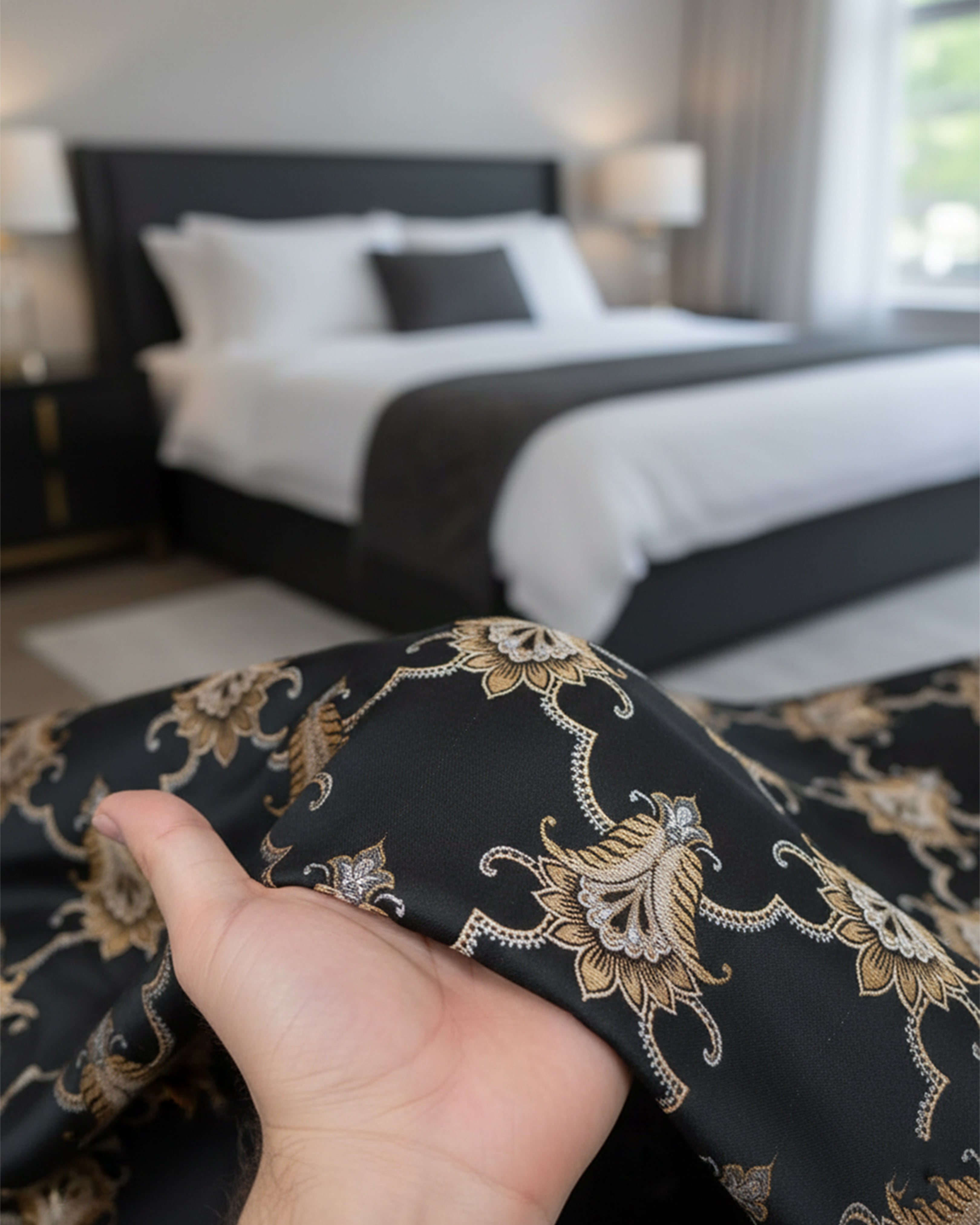 Royal Black & Gold Damask Luxury Double Bedsheet – Premium Satin-Finish Bedspread with 2 Matching Pillow Covers