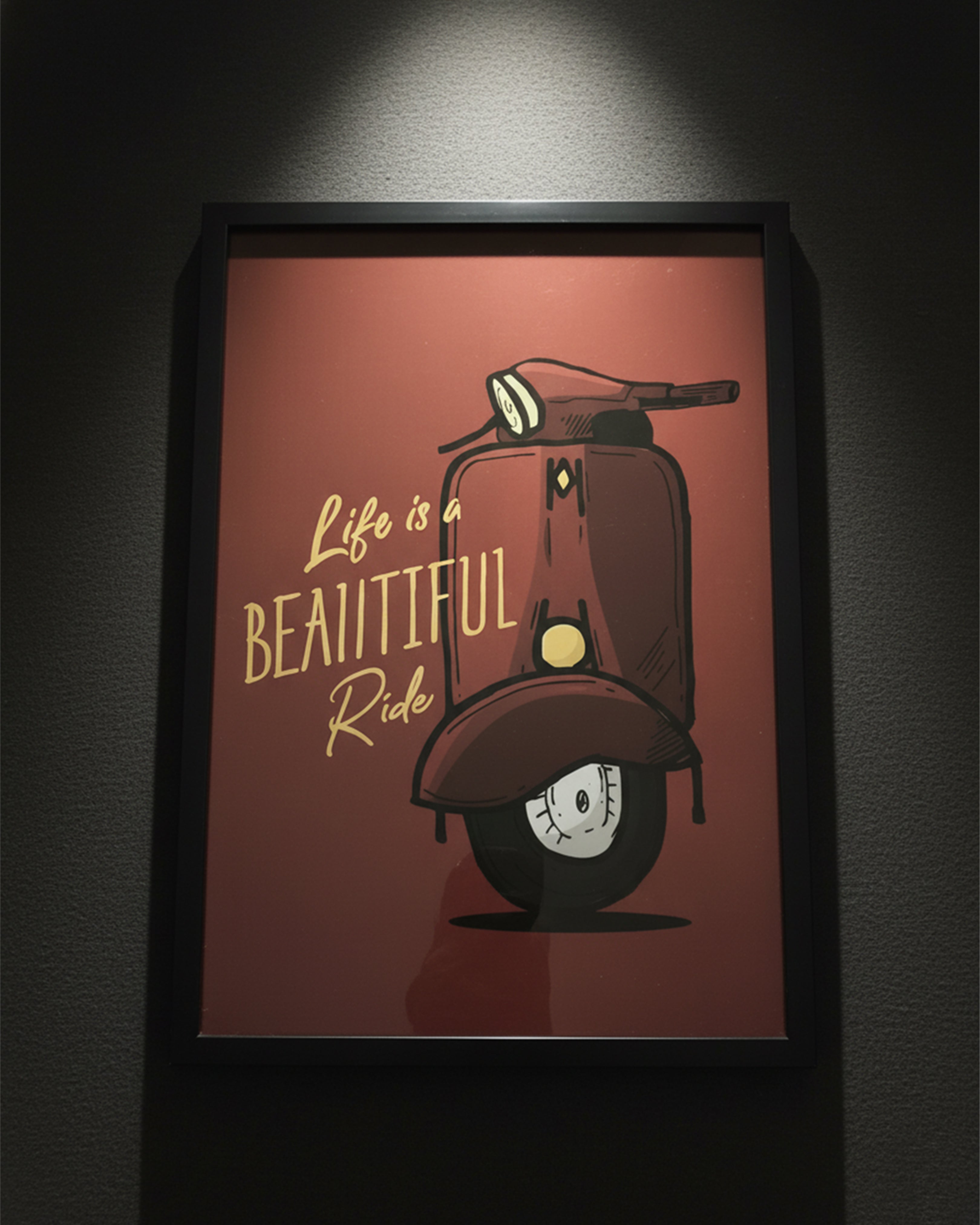 "Life is a Beautiful Ride" Vintage Scooter Wall Art - Premium Black Framed Retro Motivational Poster