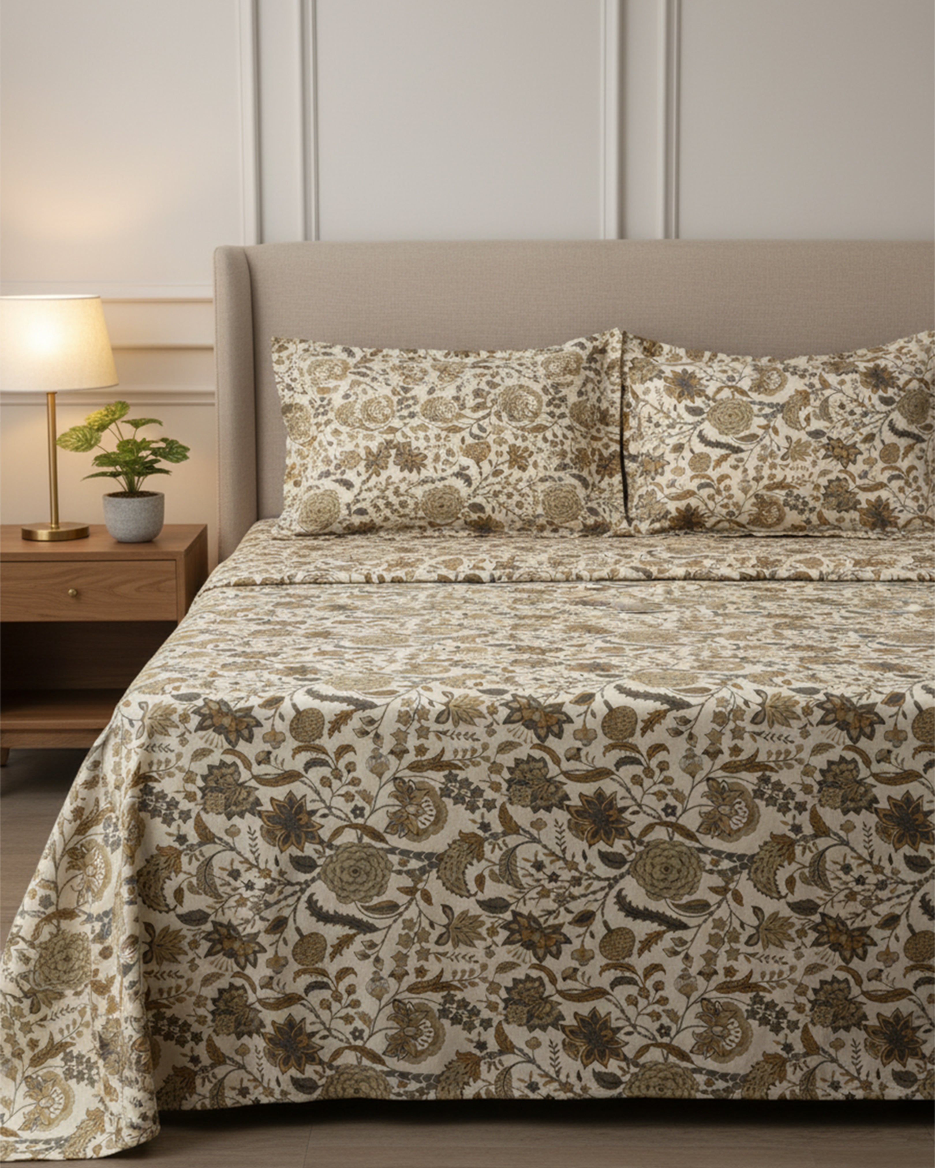 Premium Beige Earthy Floral Cotton Double Bed Sheet with 2 Pillow Covers – Heritage Botanical Collection