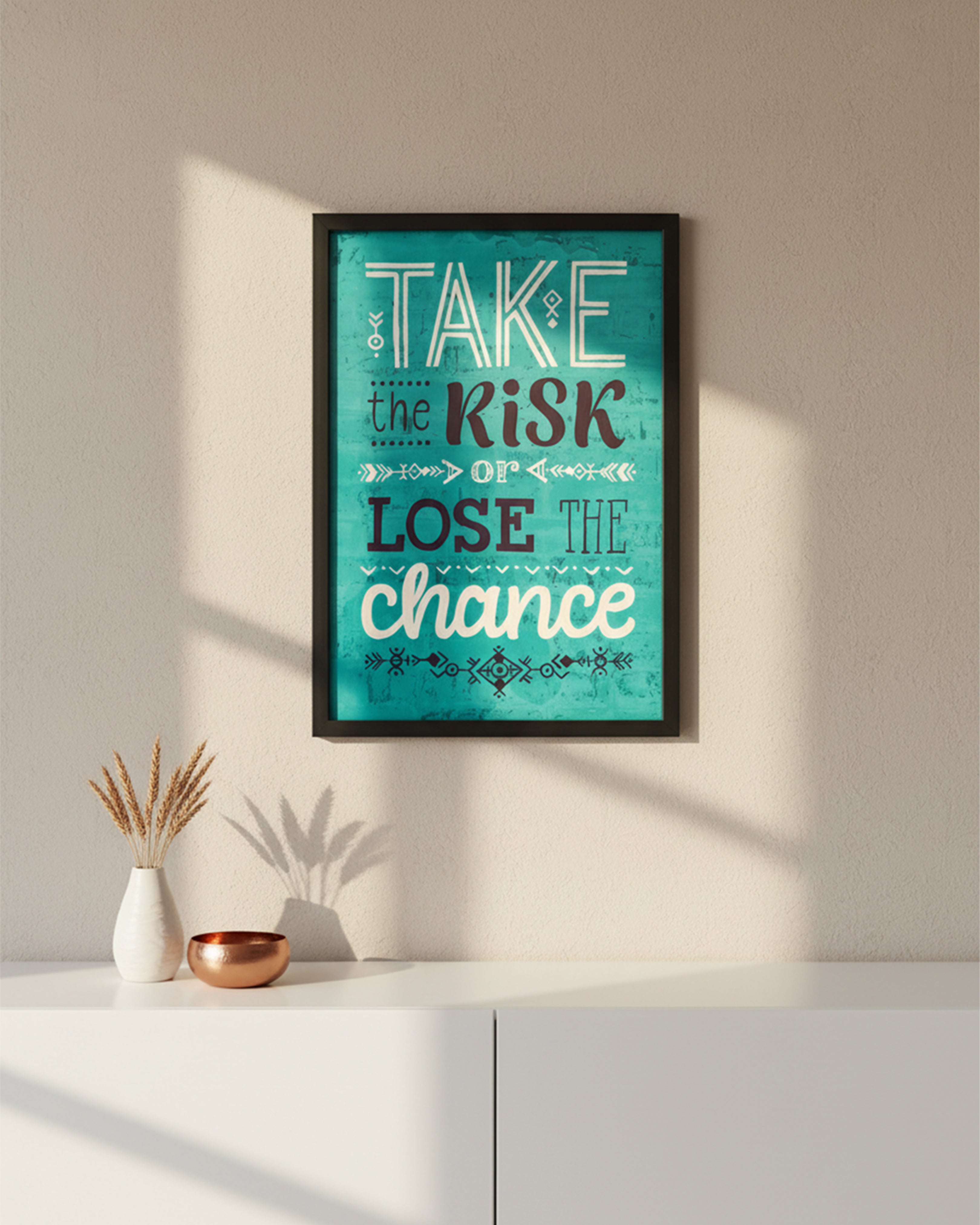 "Take the Risk or Lose the Chance" Motivational Wall Art - Premium Black Framed Teal Inspirational Poster