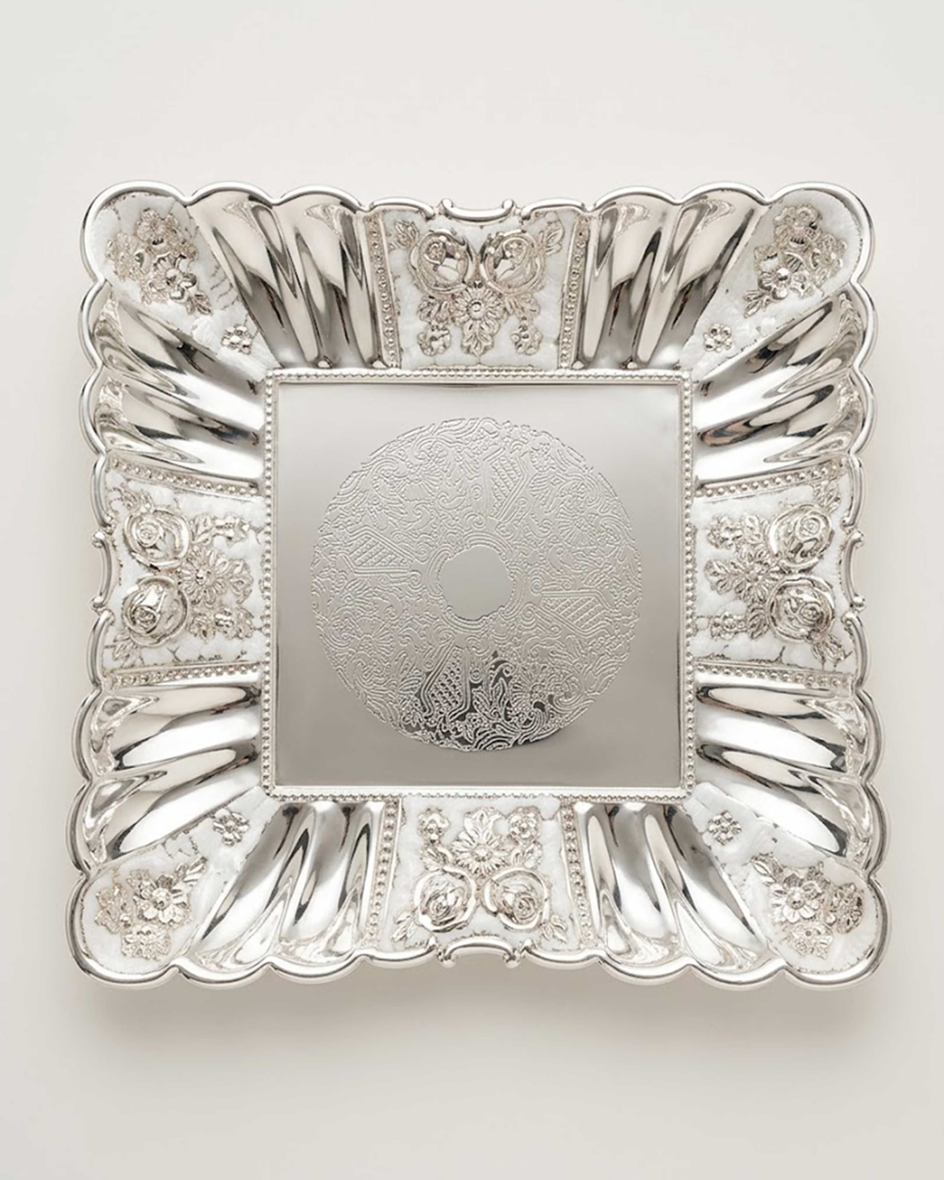 Royal Ornate Silver-Plated Square Serving Tray – Handcrafted Decorative Platter for Luxury Home Decor