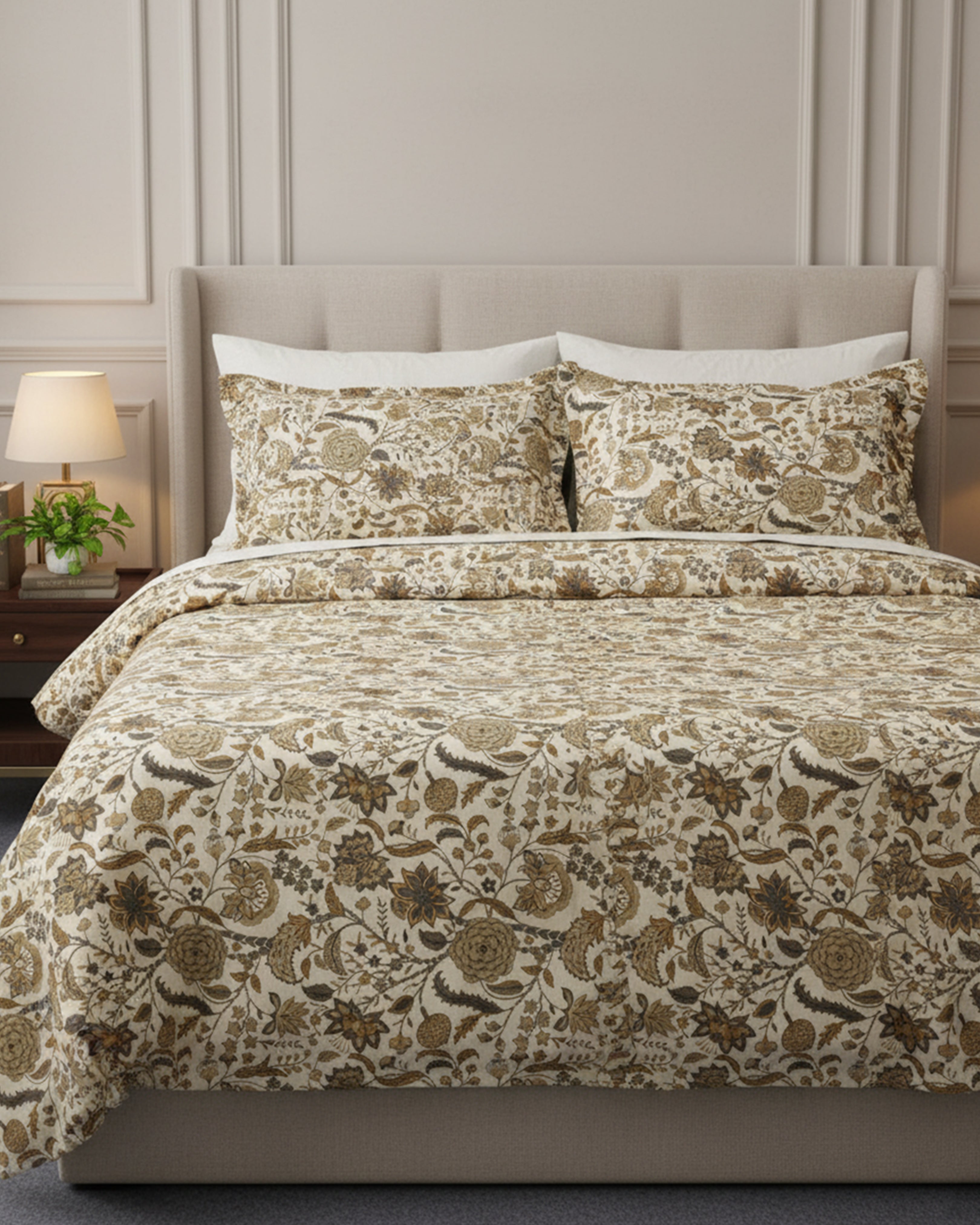 Premium Beige Earthy Floral Cotton Double Bed Sheet with 2 Pillow Covers – Heritage Botanical Collection
