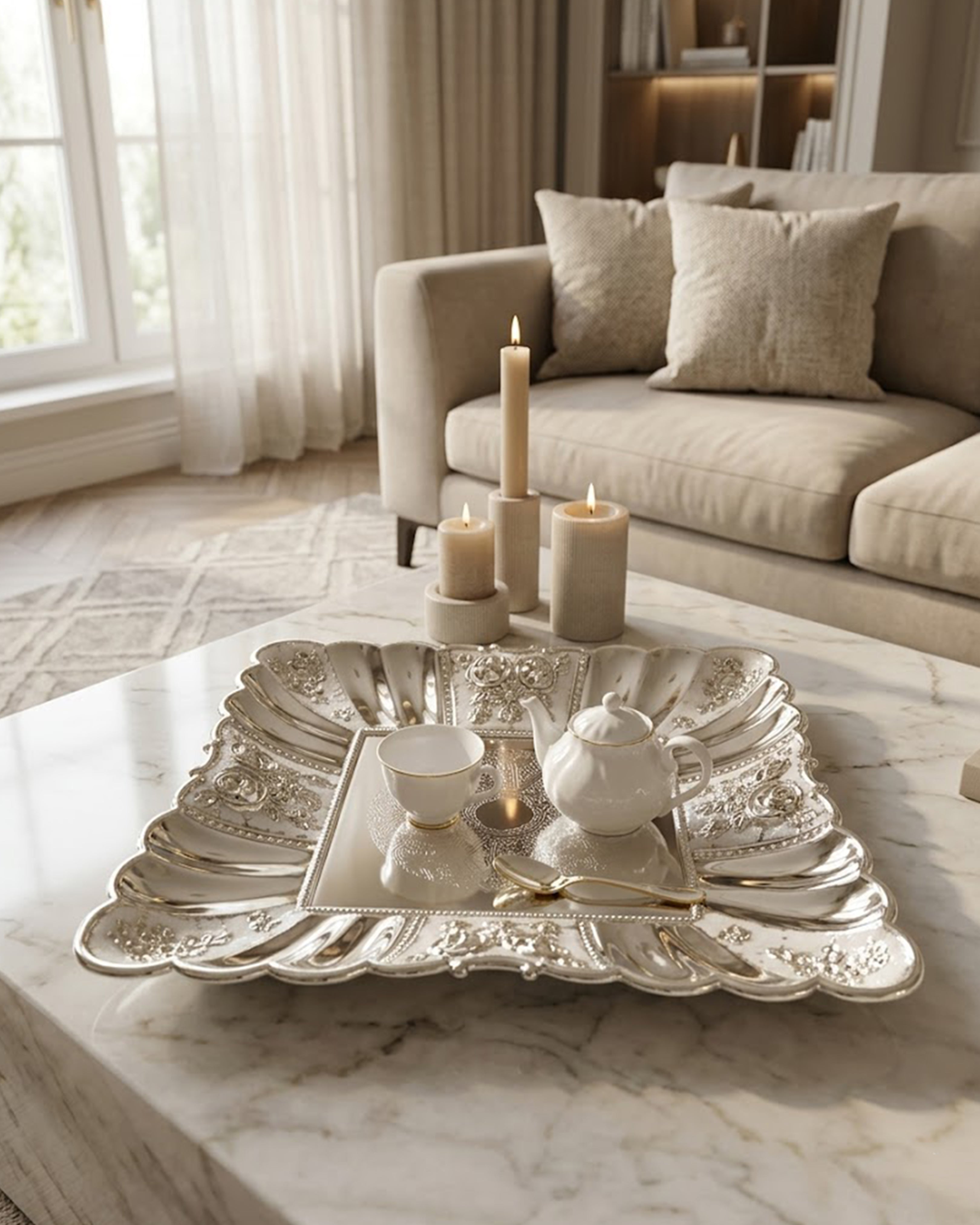 Royal Ornate Silver-Plated Square Serving Tray – Handcrafted Decorative Platter for Luxury Home Decor