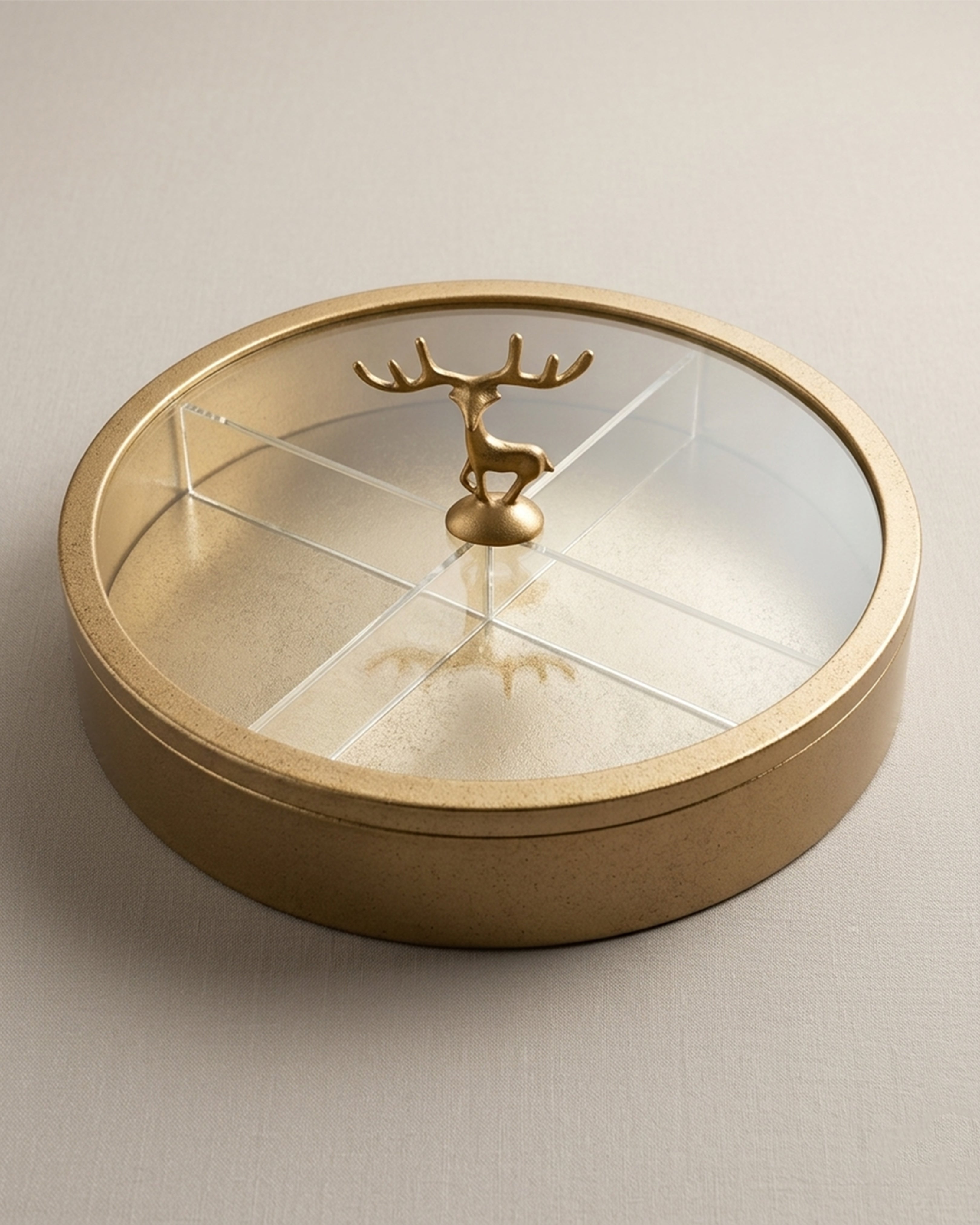 Luxury Golden Reindeer Dry Fruit Box - 4-Section Premium Serving Platter with Transparent Lid & Antler Knob for Home & Gifting