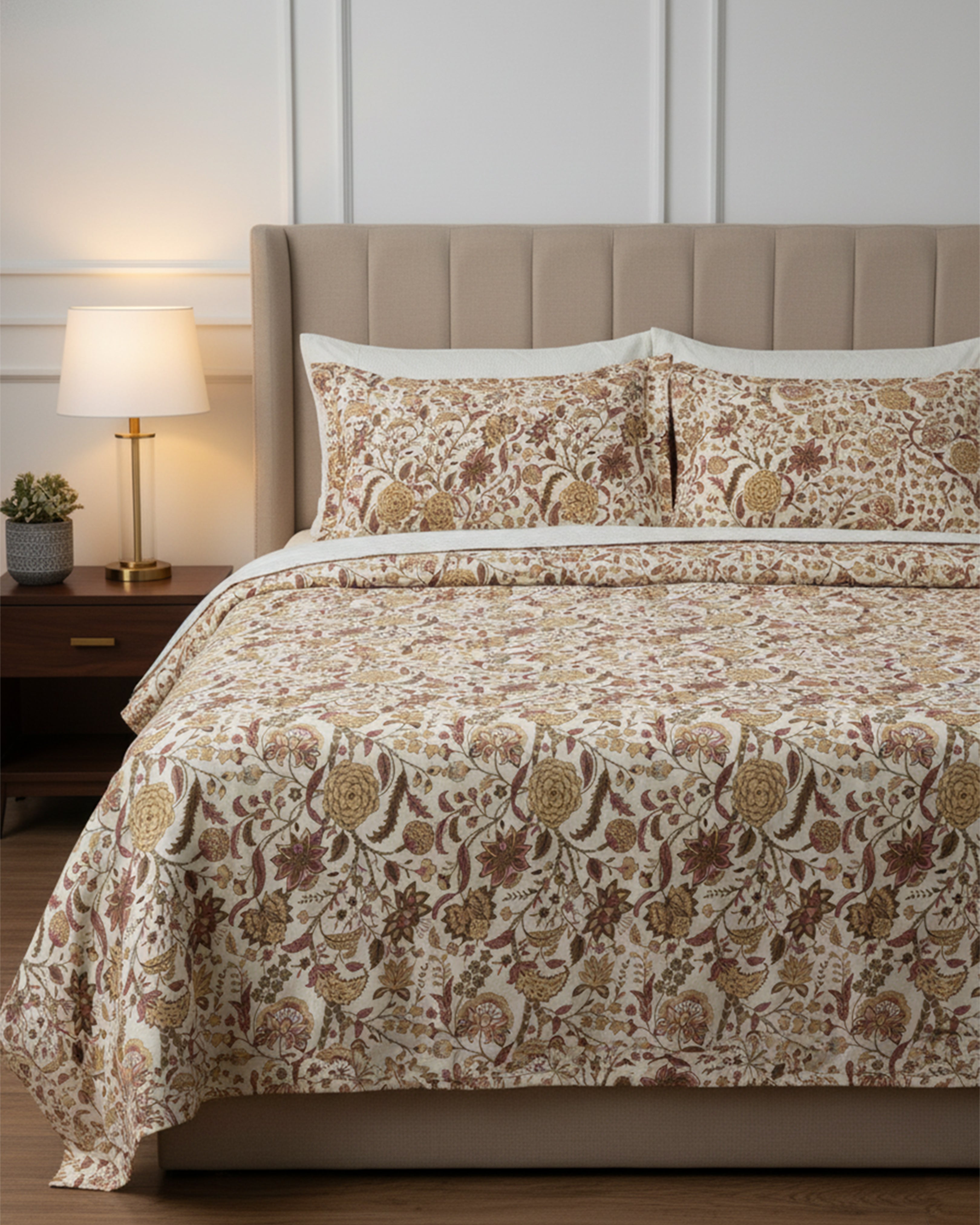 Traditional Kalamkari Floral Double Bedsheet – Earthy Beige & Rust Brown Botanical Bedspread with 2 Pillow Covers