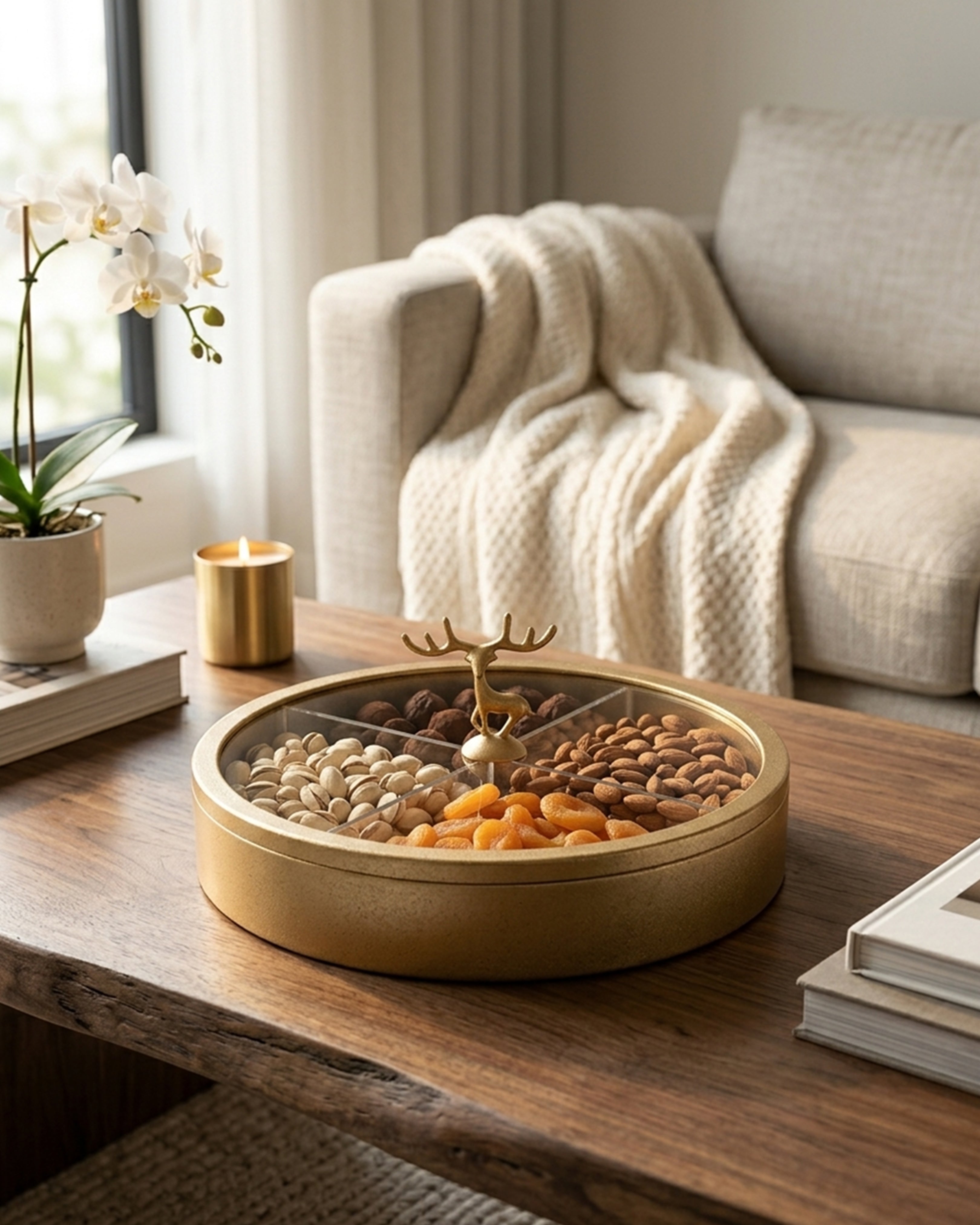 Luxury Golden Reindeer Dry Fruit Box - 4-Section Premium Serving Platter with Transparent Lid & Antler Knob for Home & Gifting