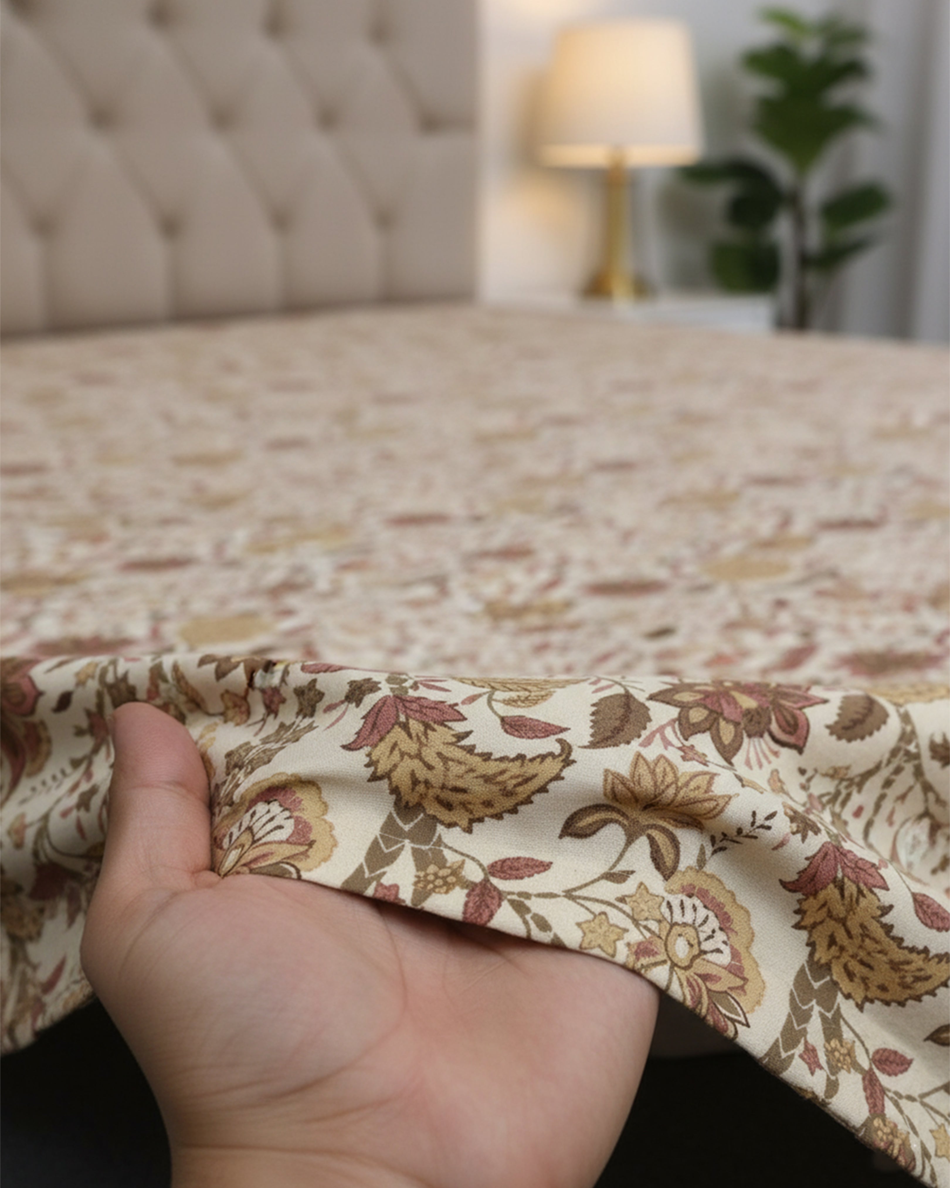 Traditional Kalamkari Floral Double Bedsheet – Earthy Beige & Rust Brown Botanical Bedspread with 2 Pillow Covers