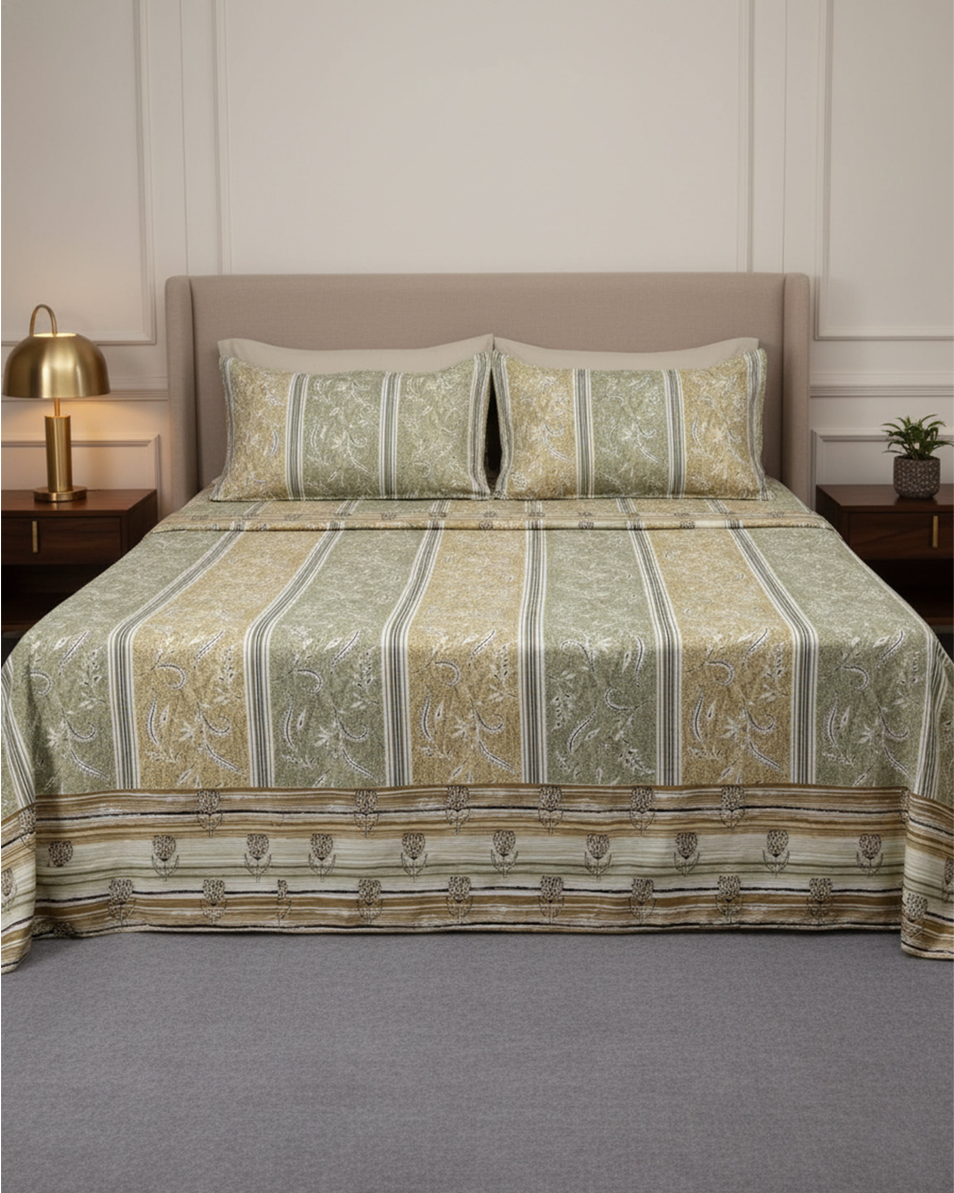 Premium Sage & Mustard Striped Floral Cotton Double Bed Sheet with 2 Pillow Covers – Olive Garden Collection