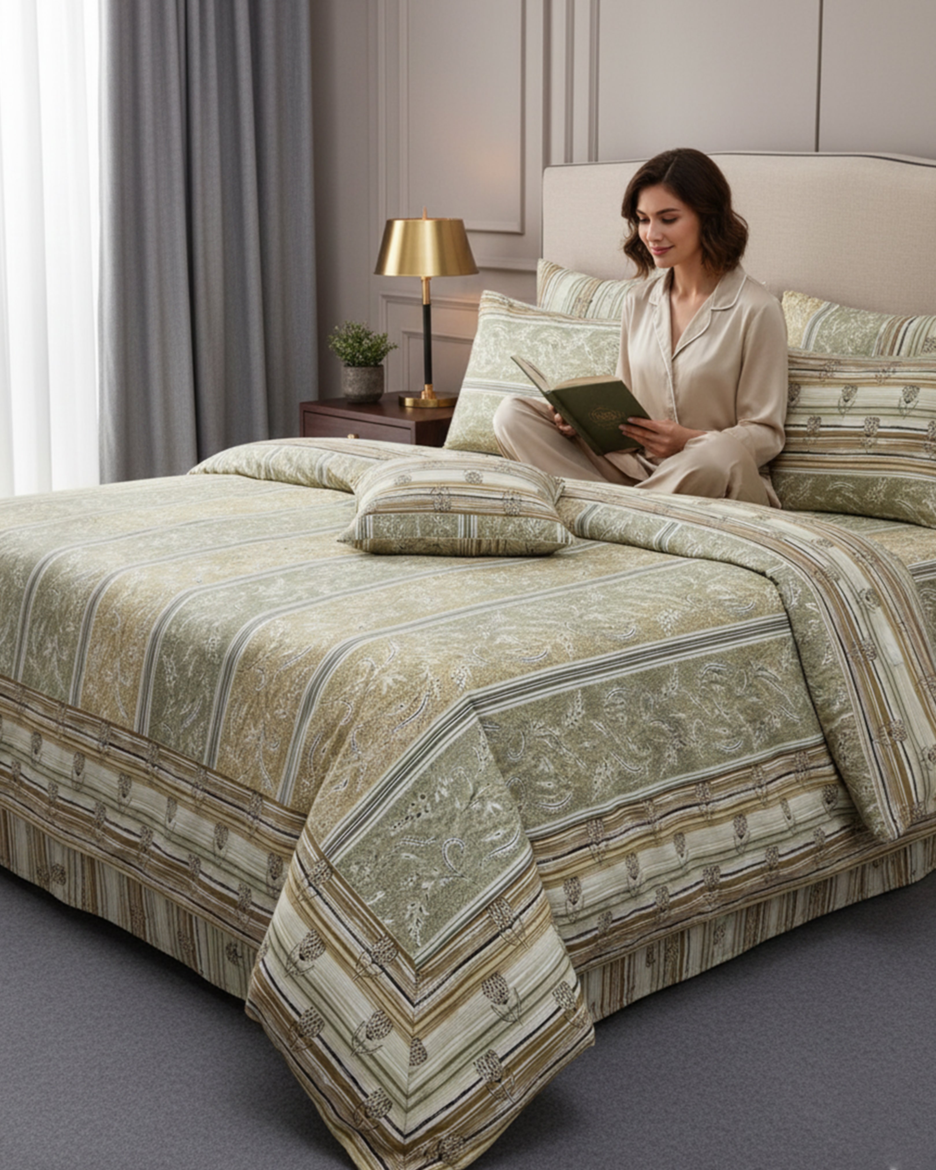 Premium Sage & Mustard Striped Floral Cotton Double Bed Sheet with 2 Pillow Covers – Olive Garden Collection