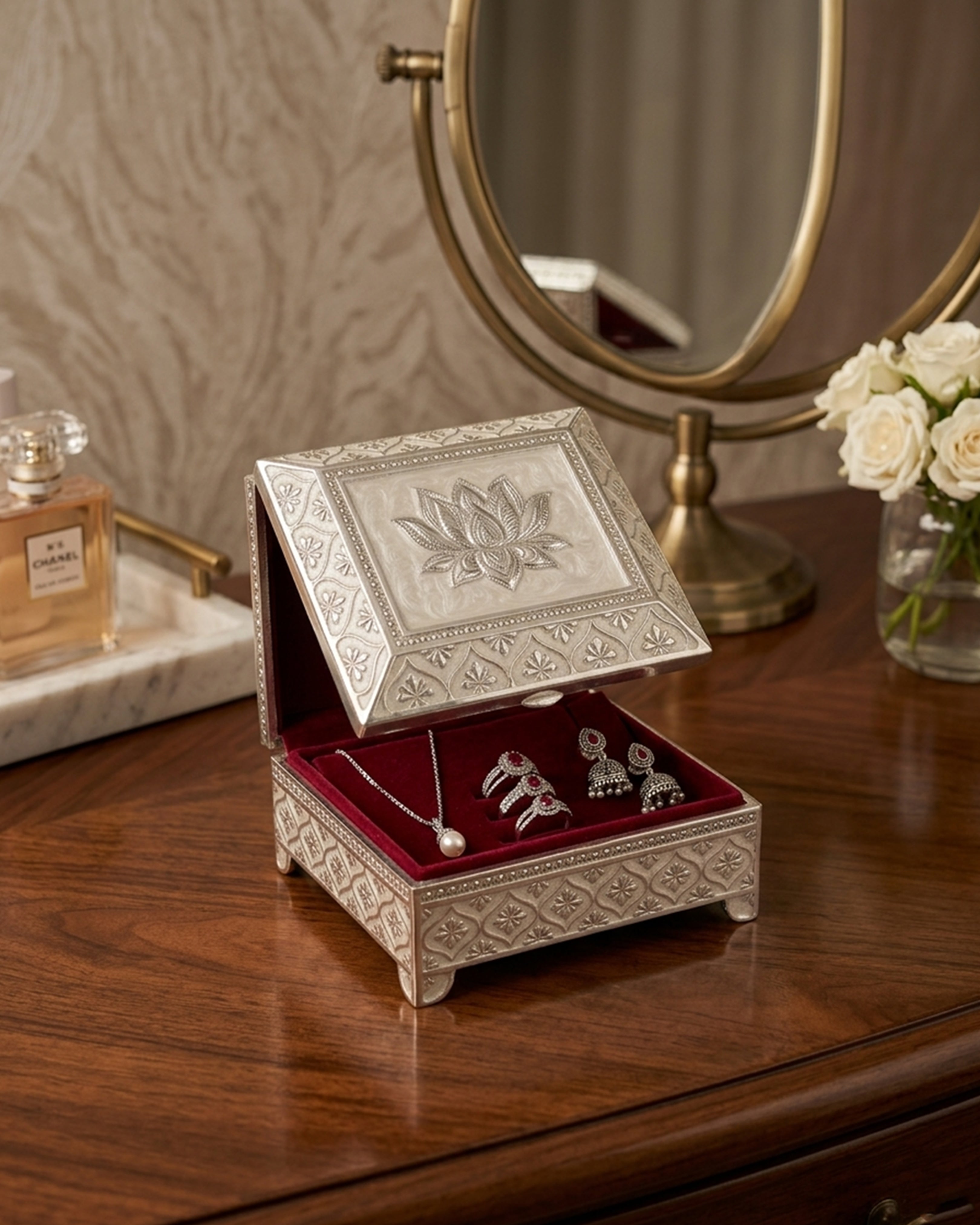 Royal Lotus Silver-Plated Trinket Box - Handcrafted Decorative Jewelry Organizer