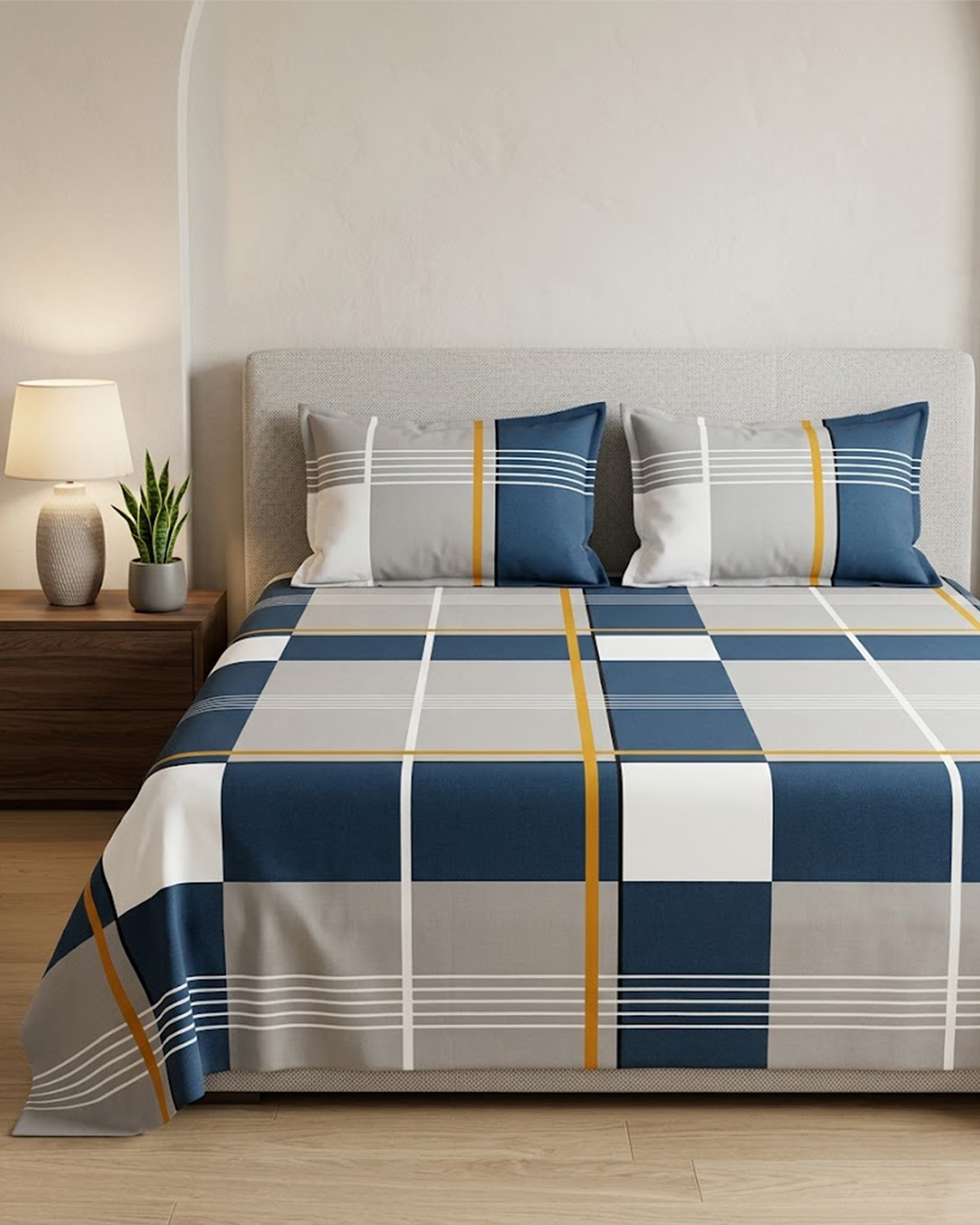 Modern Navy Blue & Slate Grey Plaid Bedsheet – Premium Geometric Checkered Double Bedspread with 2 Pillow Covers