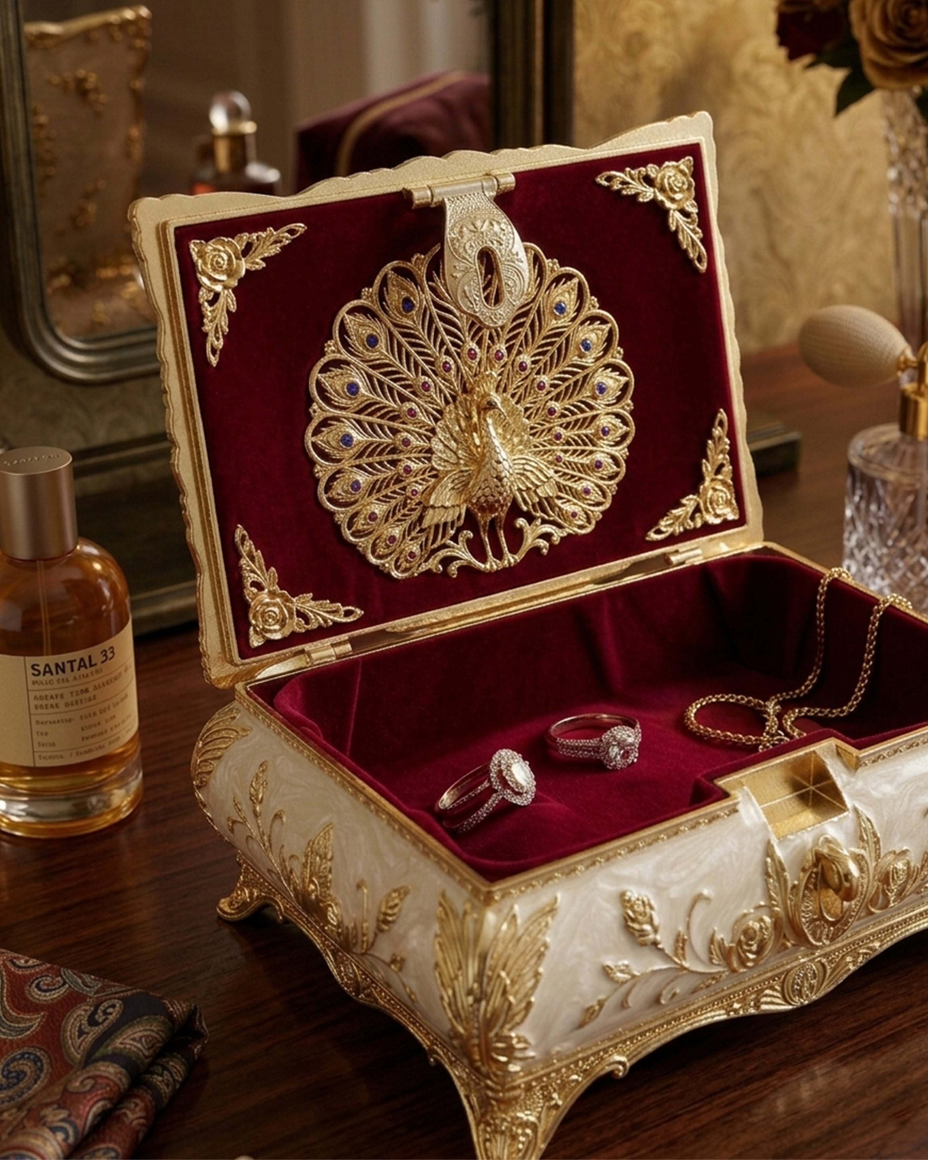 Royal Peacock Vintage Jewelry Box – Antique Pearl White & Gold Enamel Trinket Organizer with Velvet Lining for Rings, Necklaces & Luxury Gifting