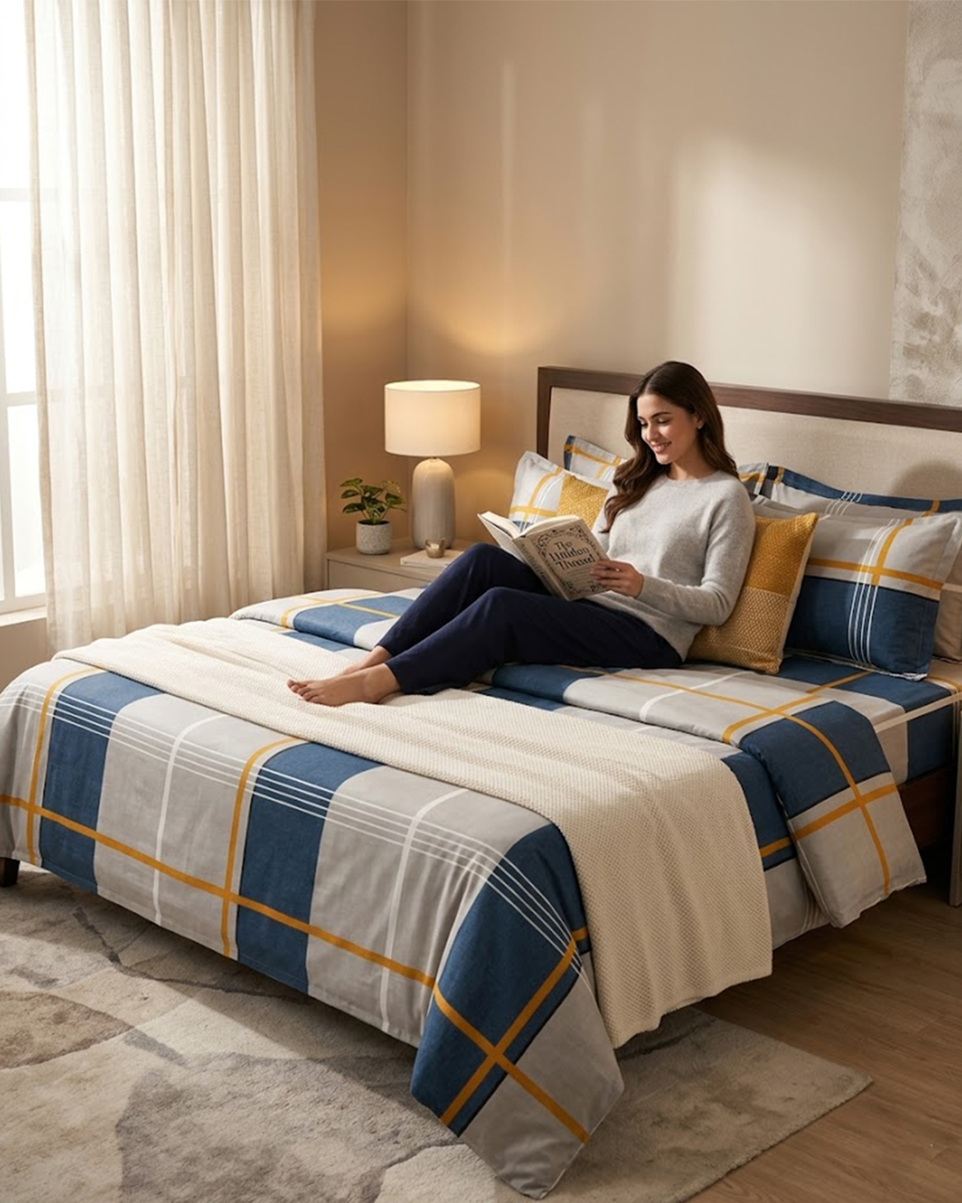 Modern Navy Blue & Slate Grey Plaid Bedsheet – Premium Geometric Checkered Double Bedspread with 2 Pillow Covers