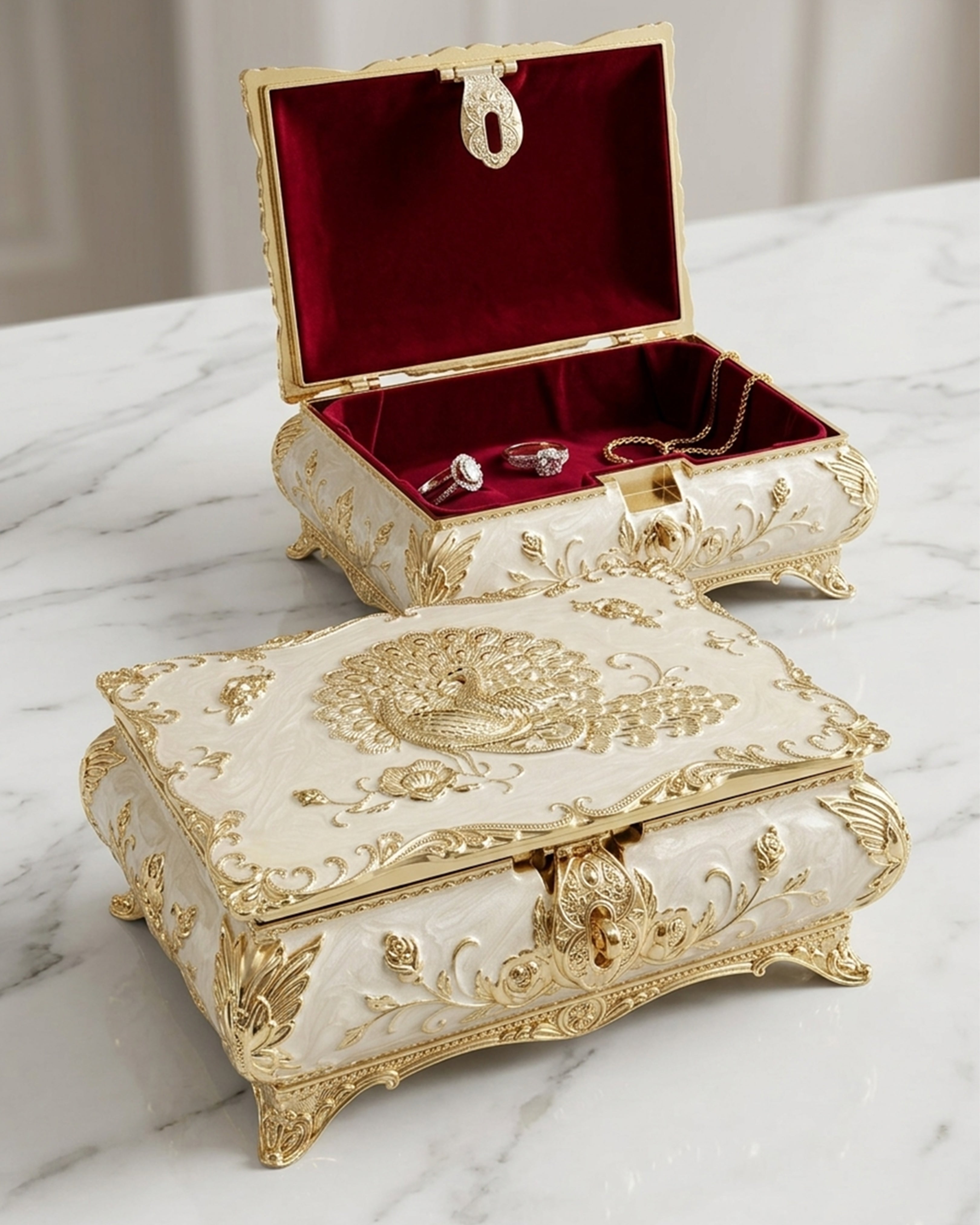 Royal Peacock Vintage Jewelry Box – Antique Pearl White & Gold Enamel Trinket Organizer with Velvet Lining for Rings, Necklaces & Luxury Gifting