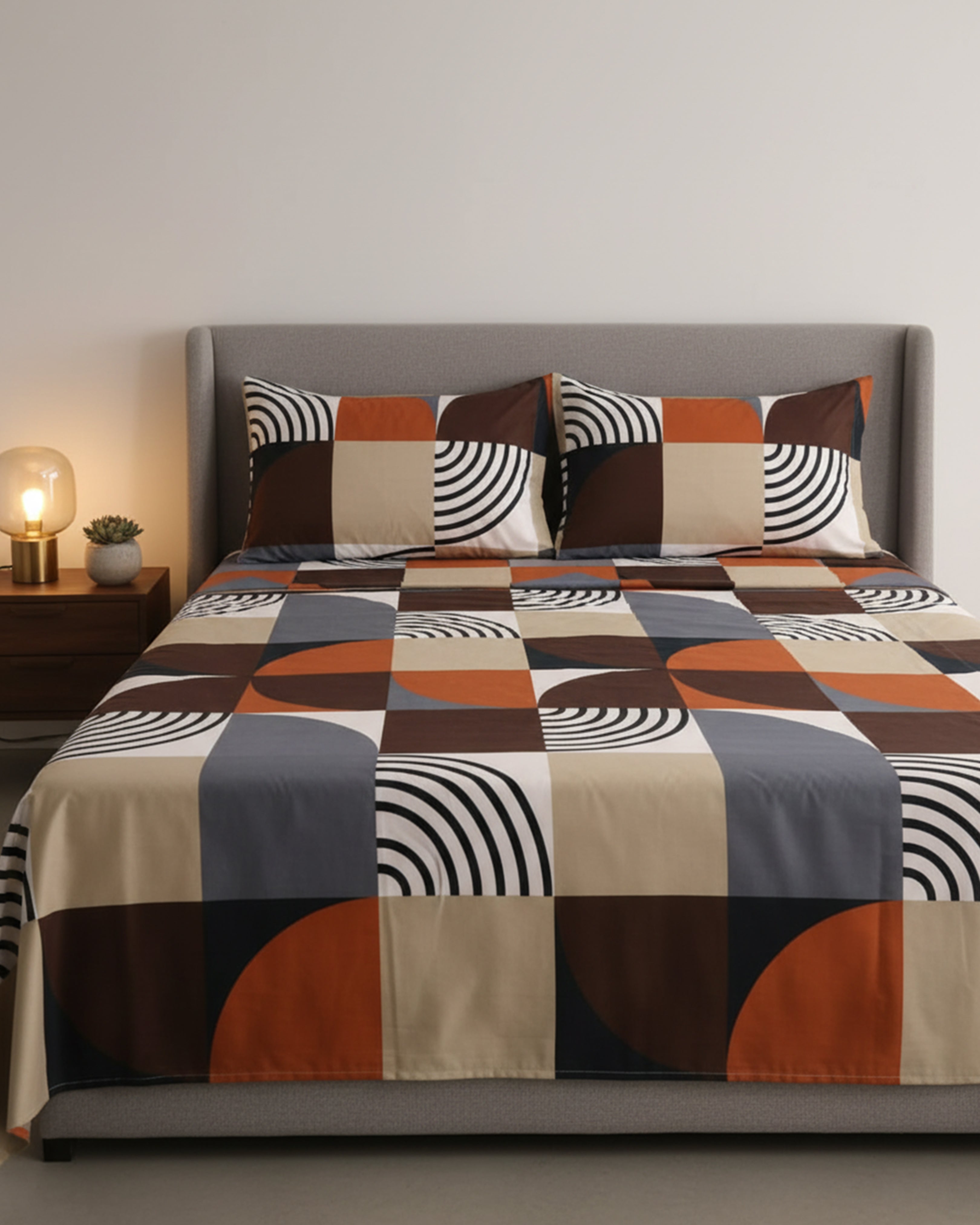 Premium Abstract Geometric Block Cotton Double Bed Sheet with 2 Pillow Covers – Retro Fusion Collection