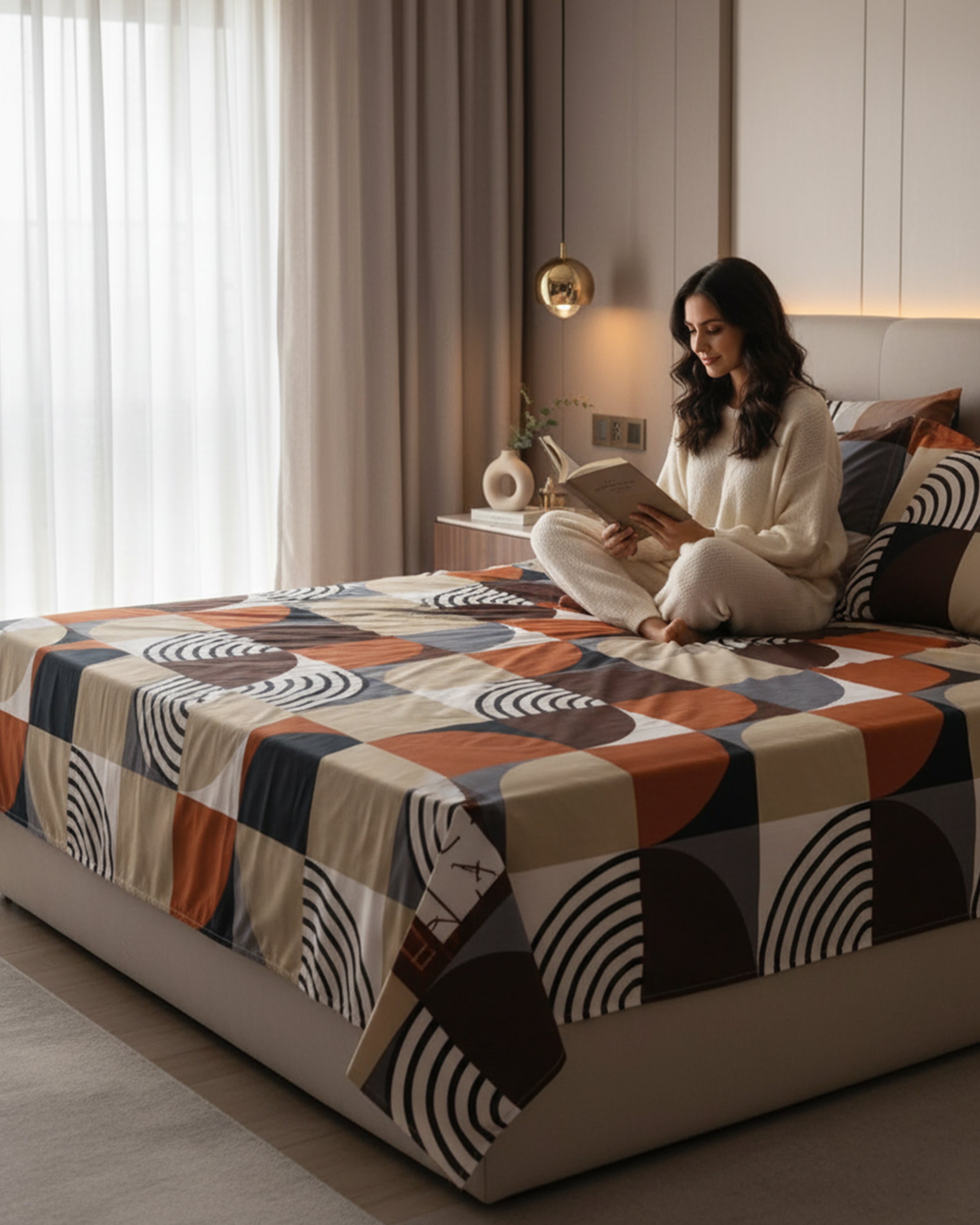 Premium Abstract Geometric Block Cotton Double Bed Sheet with 2 Pillow Covers – Retro Fusion Collection