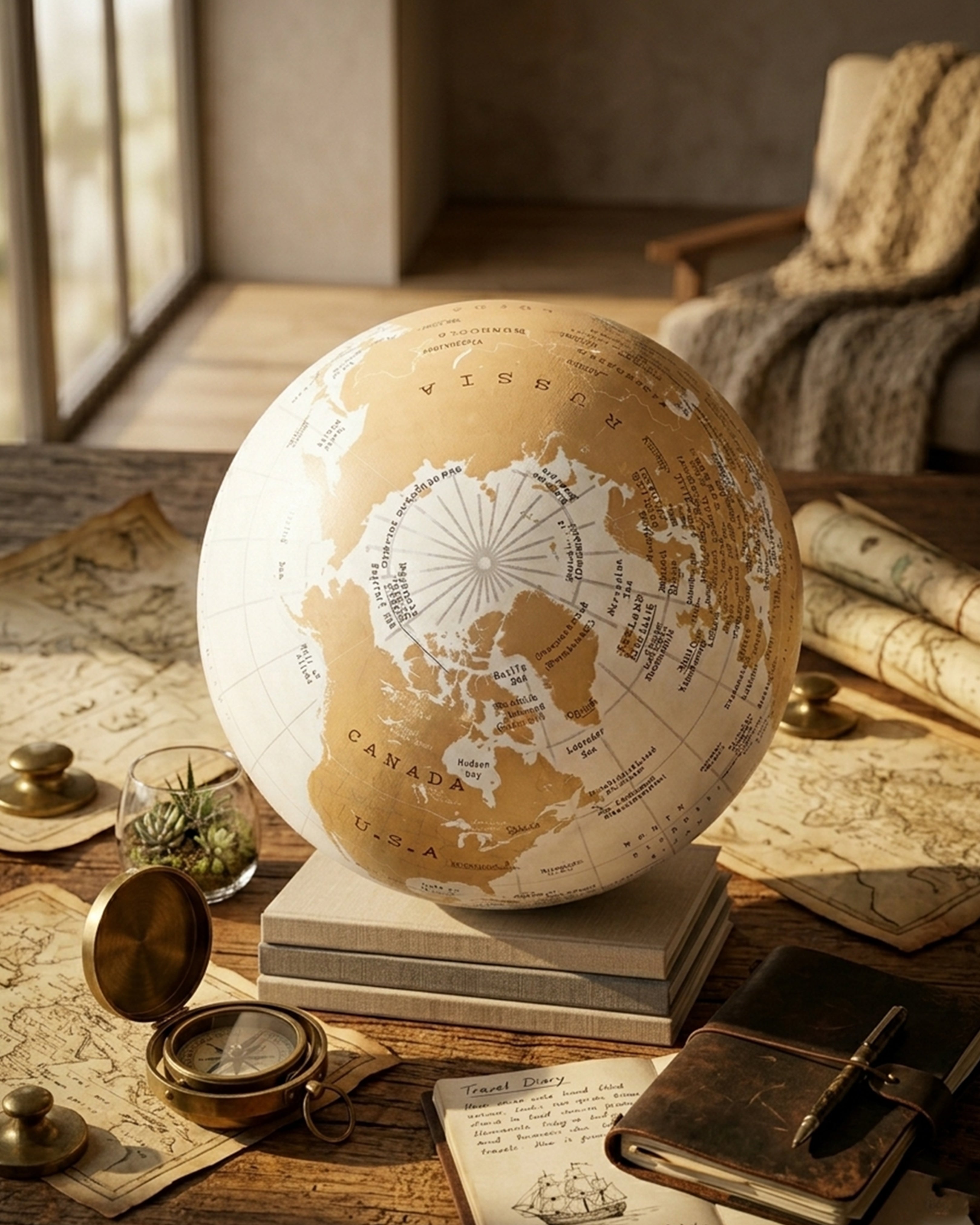 Vintage Cream & Gold Tabletop Globe – Minimalist Decorative World Map for Home & Office