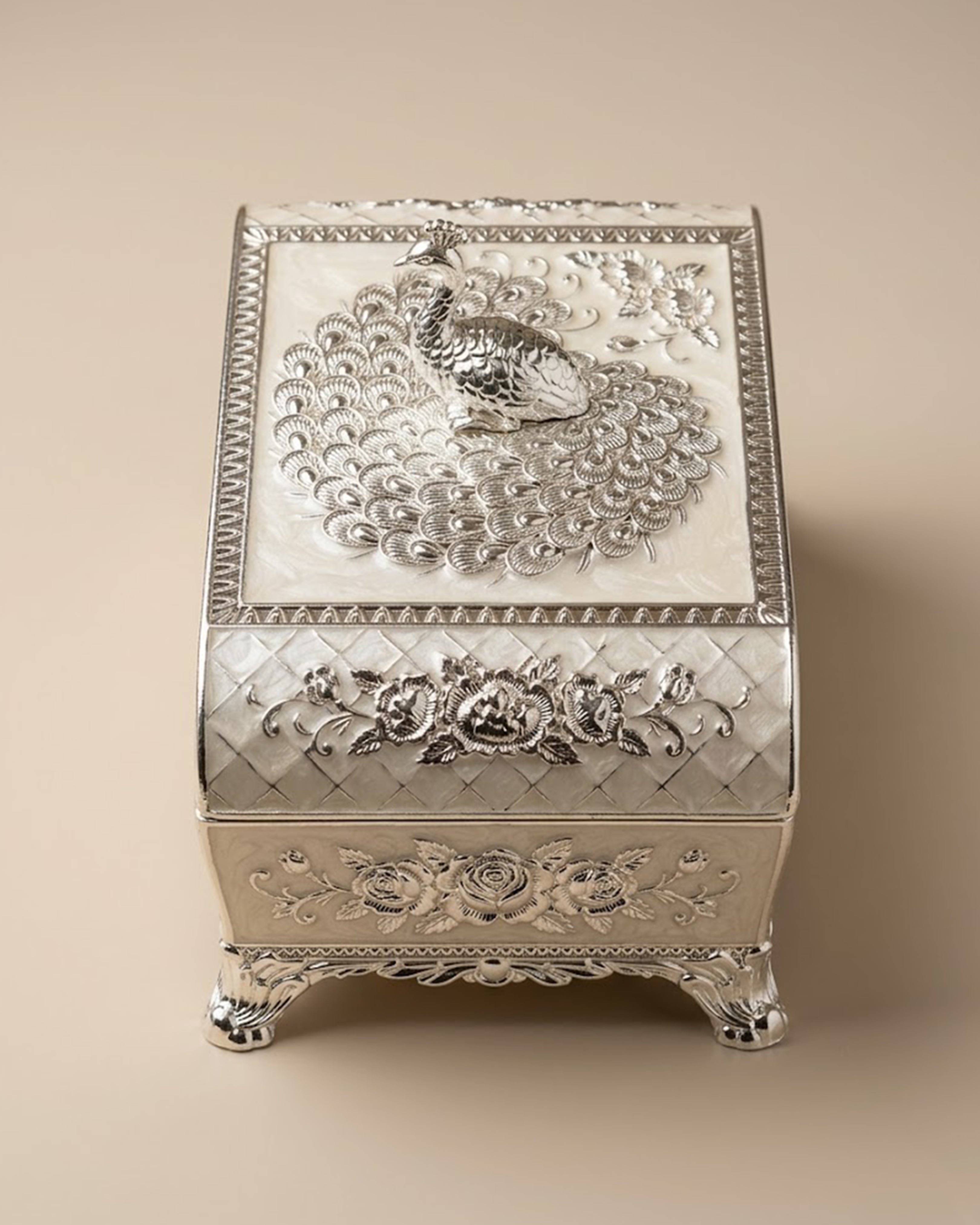 Antique Silver Peacock Keepsake Box – Embossed Floral Trinket Organizer with Royal Peacock Motif & Pearl White Enamel for Luxury Decor