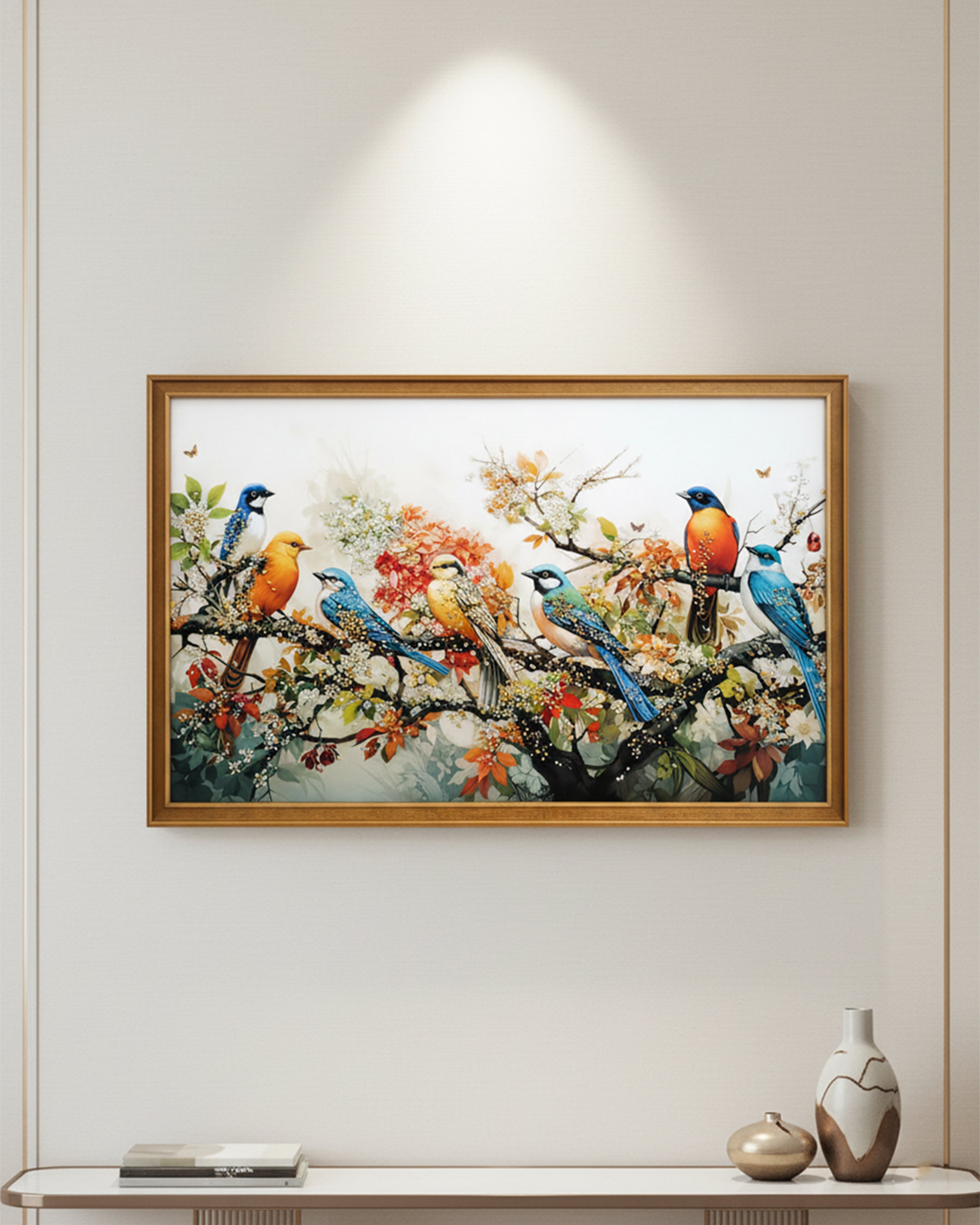 Enchanted Avian Paradise – Vibrant Songbirds & Floral Framed Canvas Art