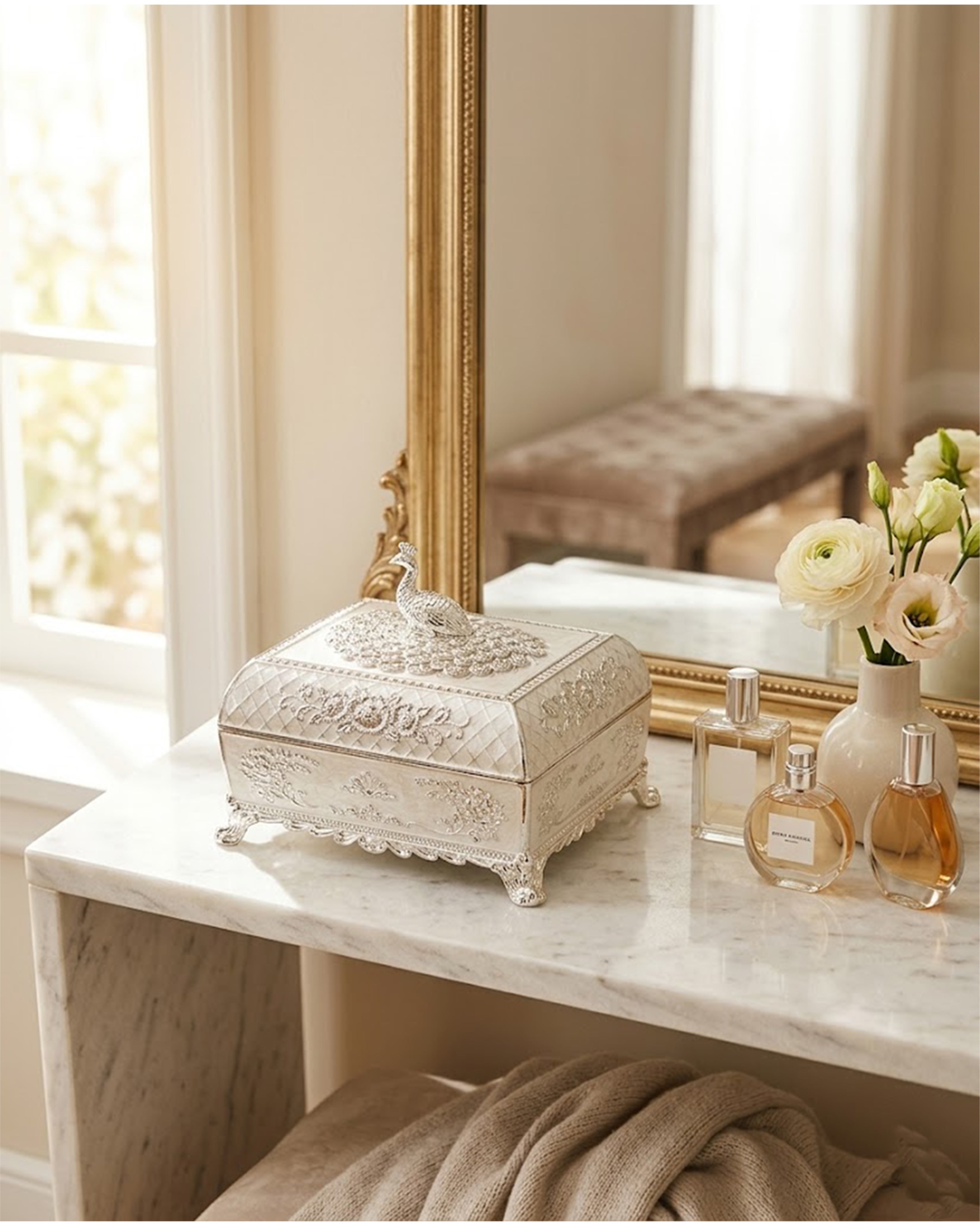 Antique Silver Peacock Keepsake Box – Embossed Floral Trinket Organizer with Royal Peacock Motif & Pearl White Enamel for Luxury Decor