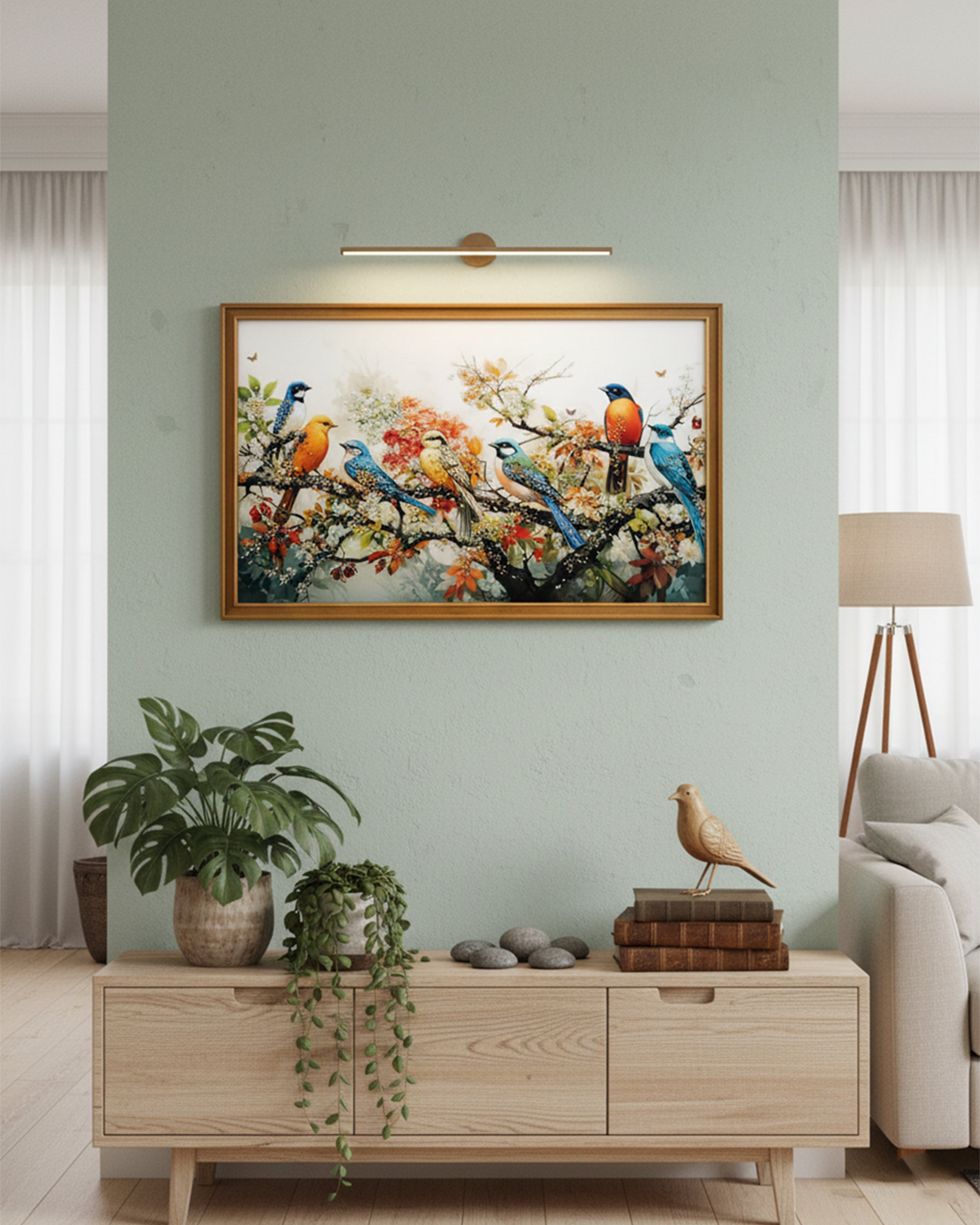 Enchanted Avian Paradise – Vibrant Songbirds & Floral Framed Canvas Art