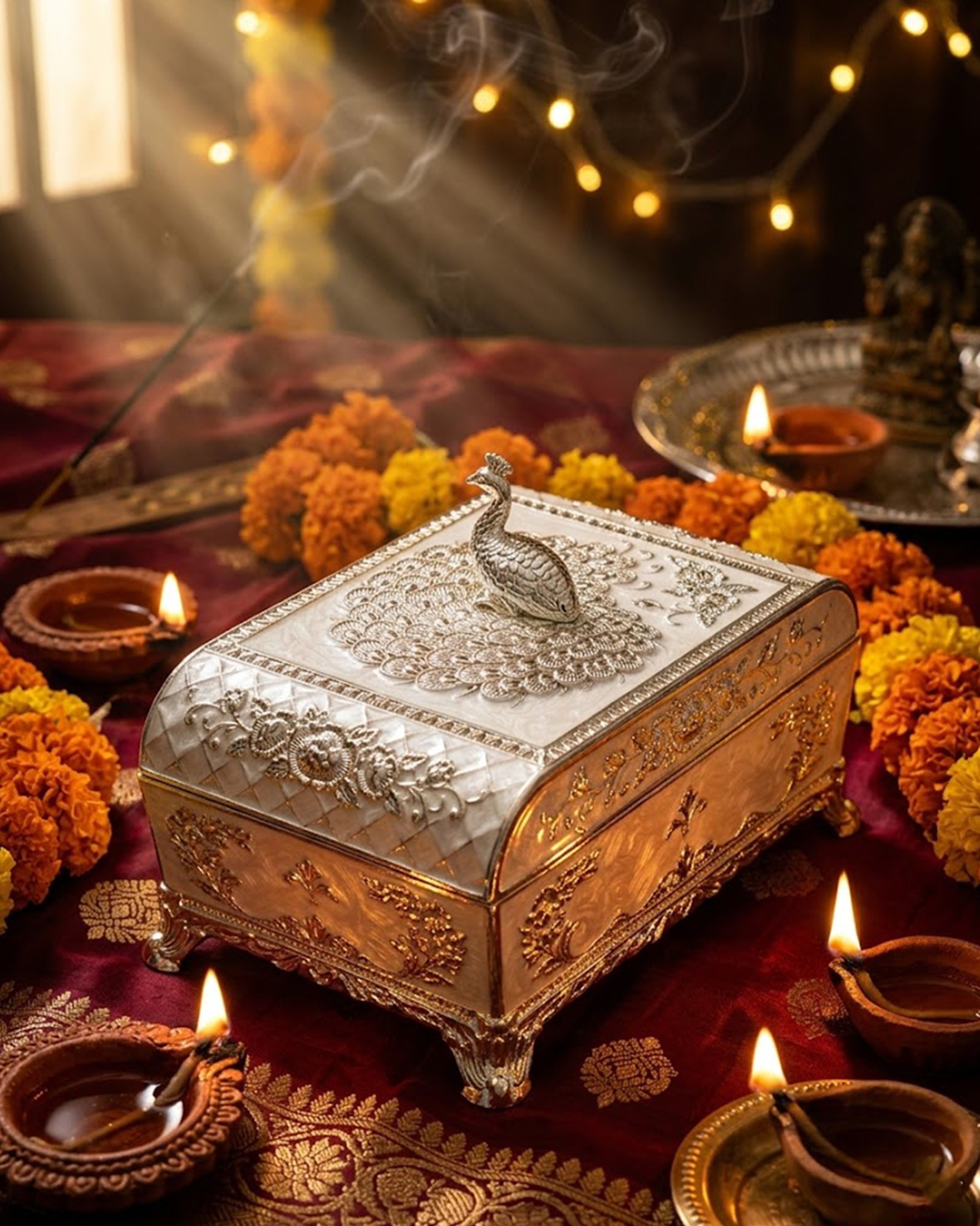 Antique Silver Peacock Keepsake Box – Embossed Floral Trinket Organizer with Royal Peacock Motif & Pearl White Enamel for Luxury Decor