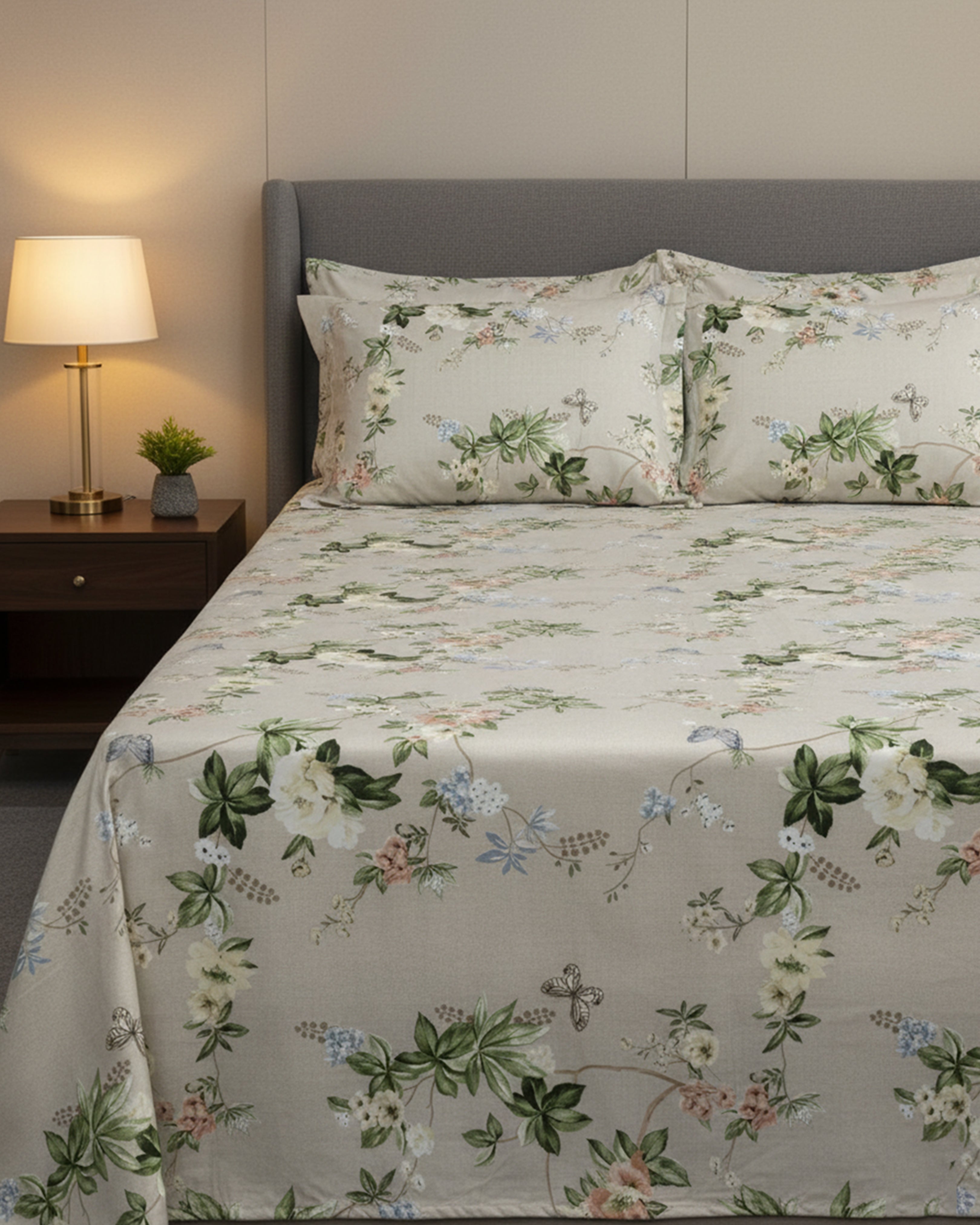 Premium Grey Meadow Floral Cotton Double Bed Sheet with 2 Pillow Covers – Spring Butterfly Collection