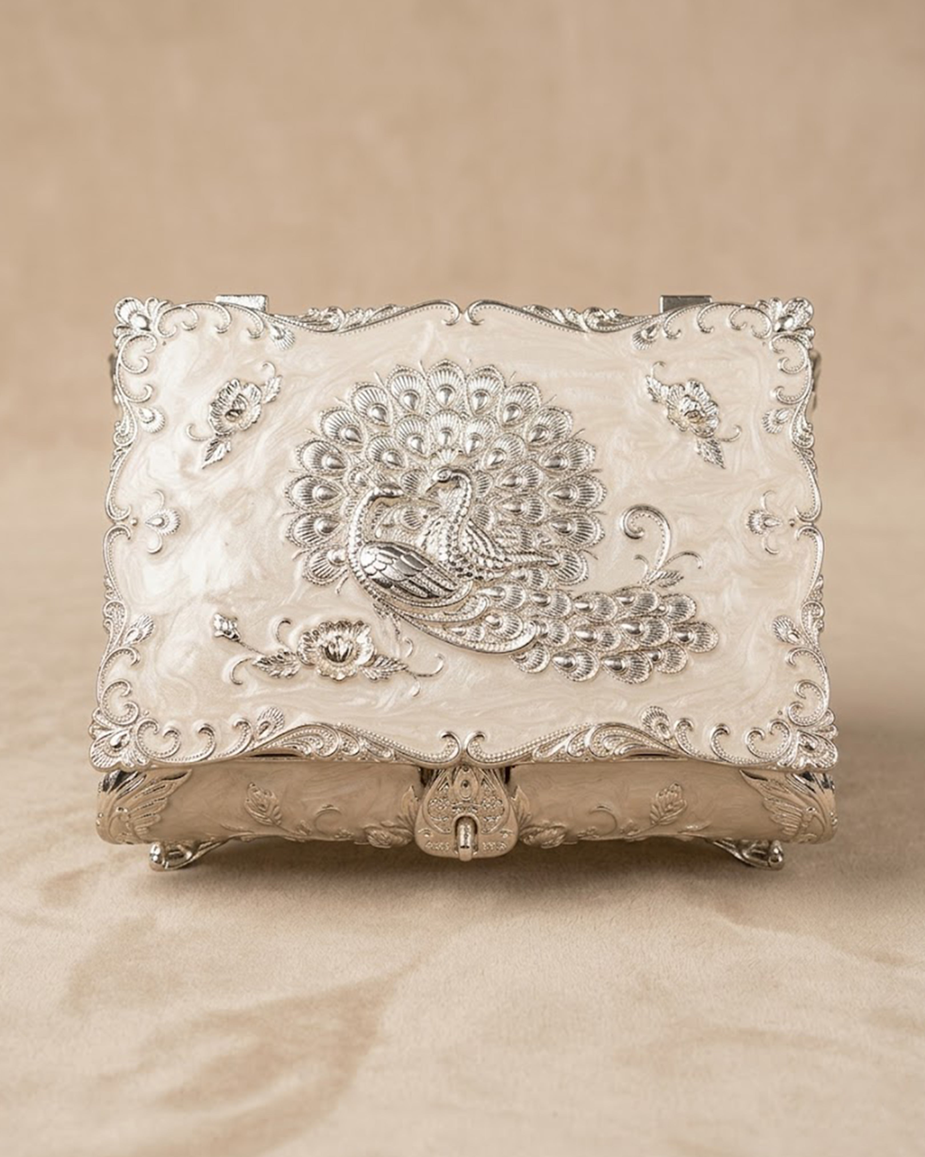 Royal Peacock Silver-Plated Jewelry Box – Handcrafted Enamel Decorative Keepsake Organizer
