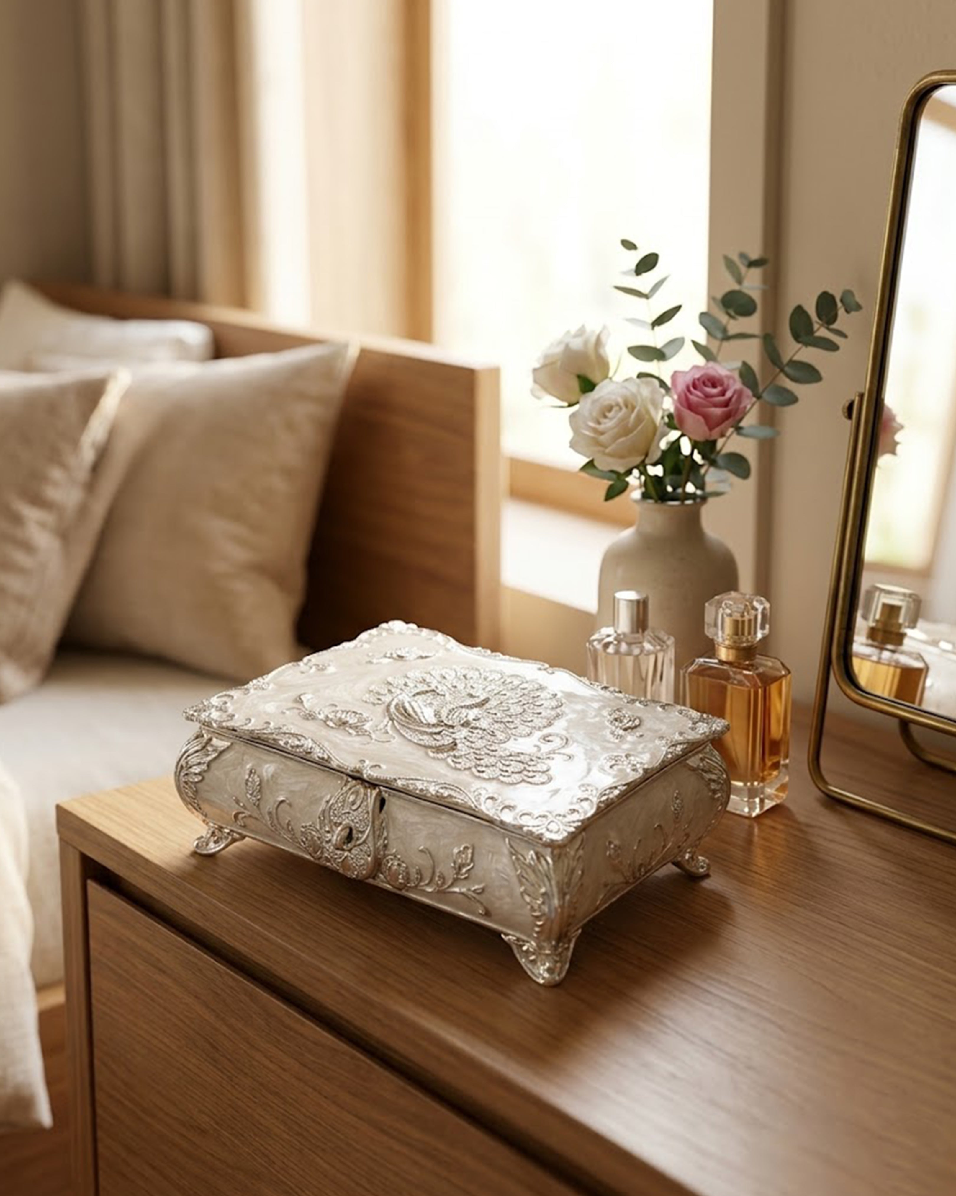 Royal Peacock Silver-Plated Jewelry Box – Handcrafted Enamel Decorative Keepsake Organizer