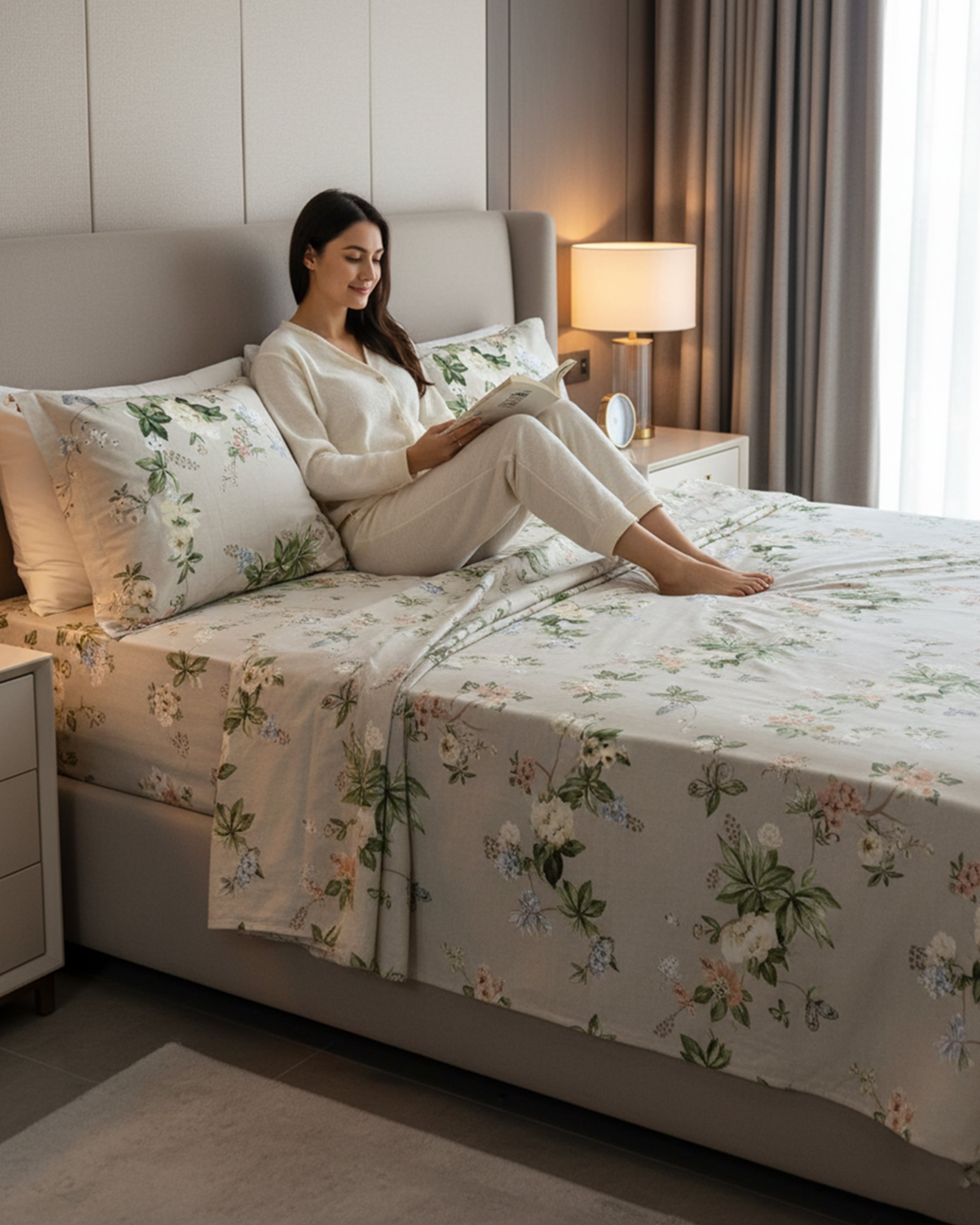 Premium Grey Meadow Floral Cotton Double Bed Sheet with 2 Pillow Covers – Spring Butterfly Collection