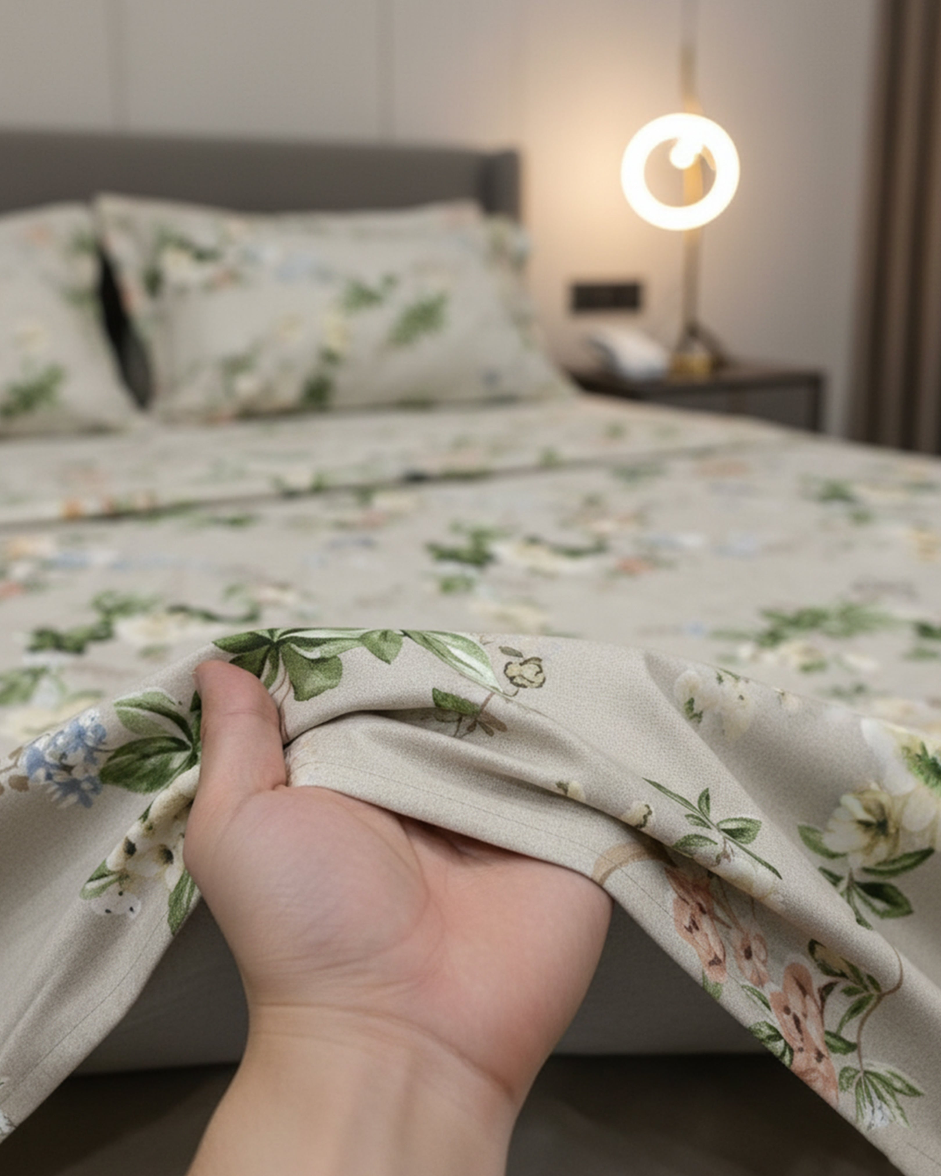 Premium Grey Meadow Floral Cotton Double Bed Sheet with 2 Pillow Covers – Spring Butterfly Collection