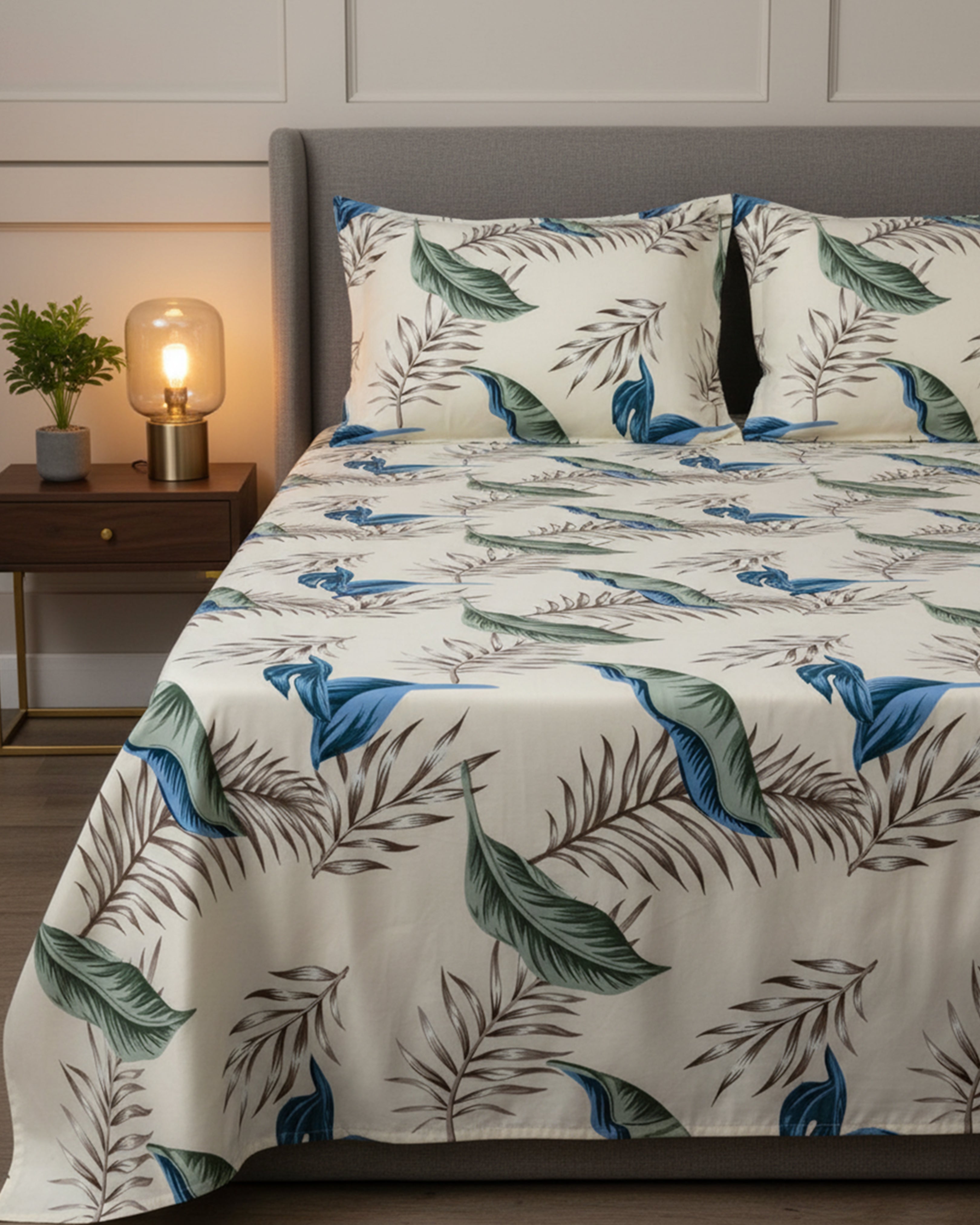 Premium White & Grey Abstract Geometric Cotton Double Bed Sheet with 2 Pillow Covers – Nordic Slate Collection