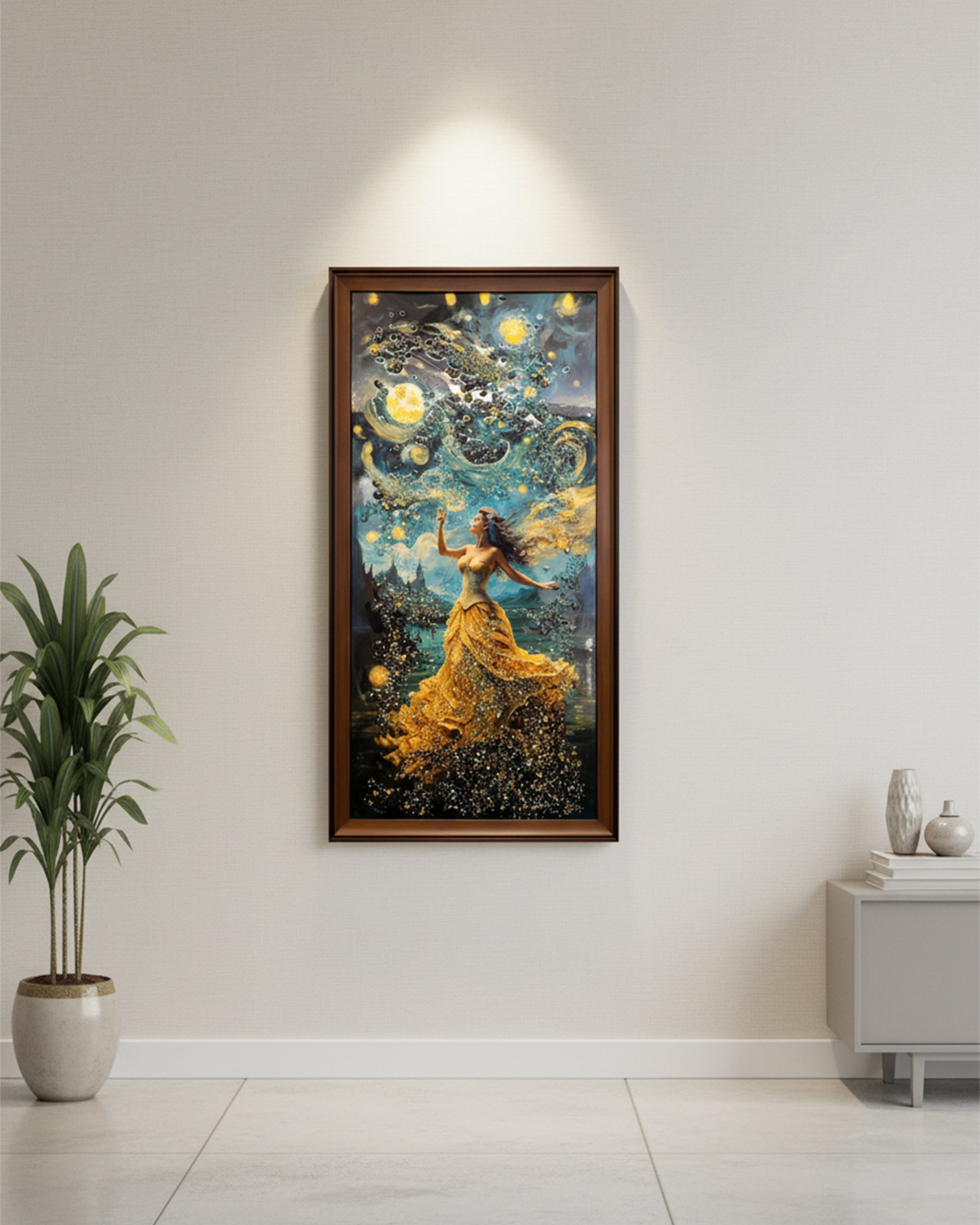Celestial Starry Muse – Surreal Abstract Goddess Wall Art | Premium Framed Vertical Canvas Painting