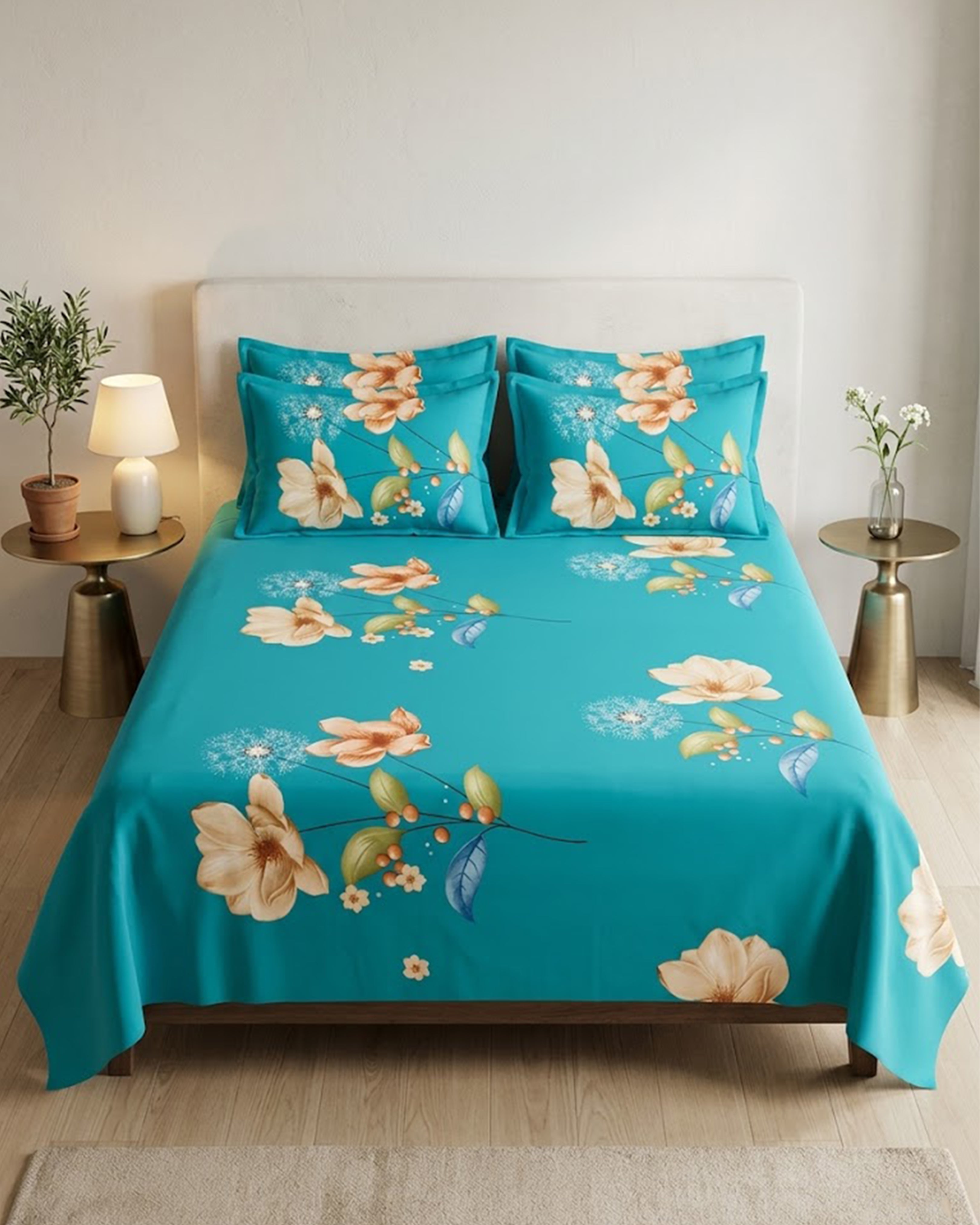 Premium Teal Floral Cotton Double Bed Sheet with 2 Matching Pillow Covers – Elegant Bloom Collection