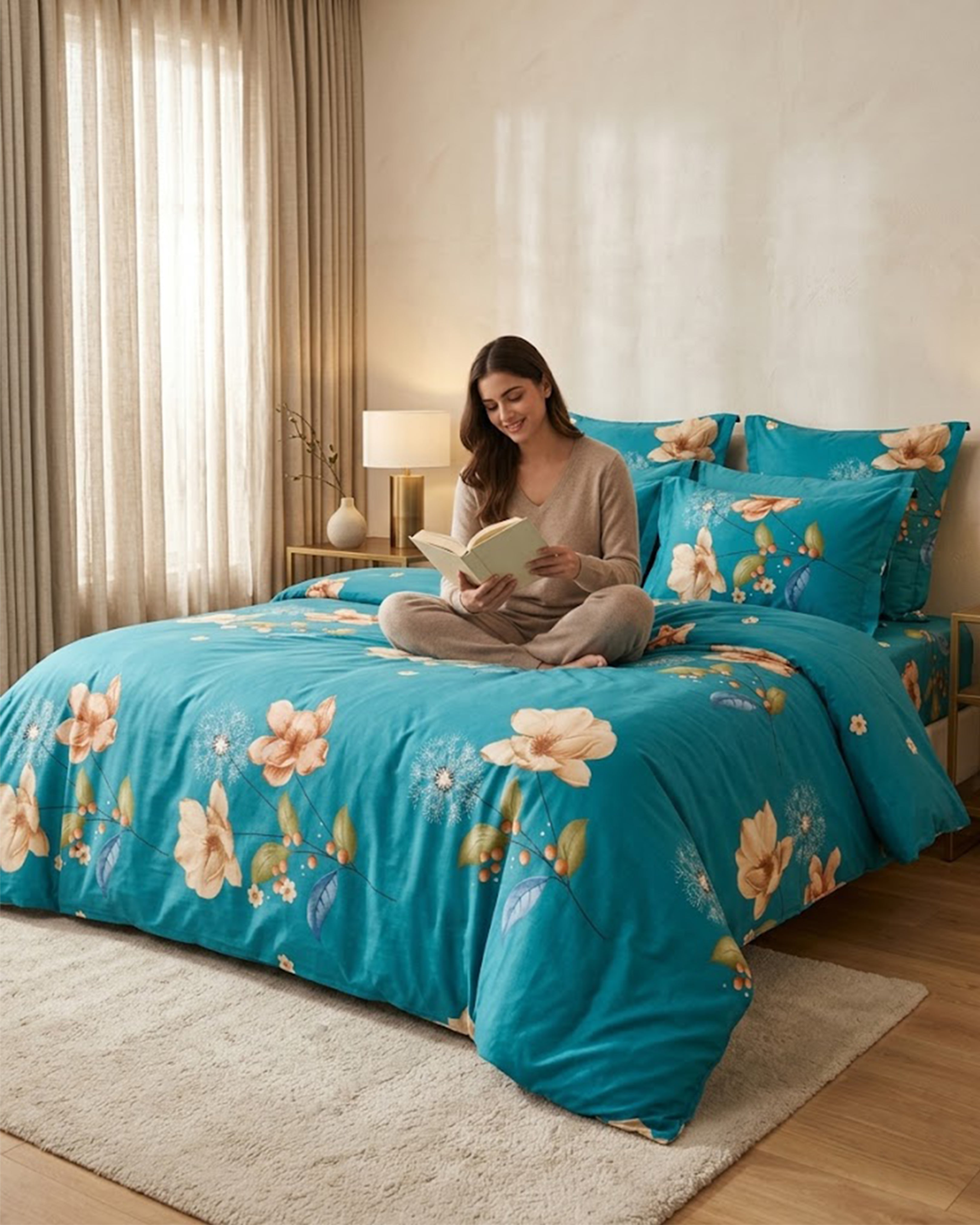 Premium Teal Floral Cotton Double Bed Sheet with 2 Matching Pillow Covers – Elegant Bloom Collection