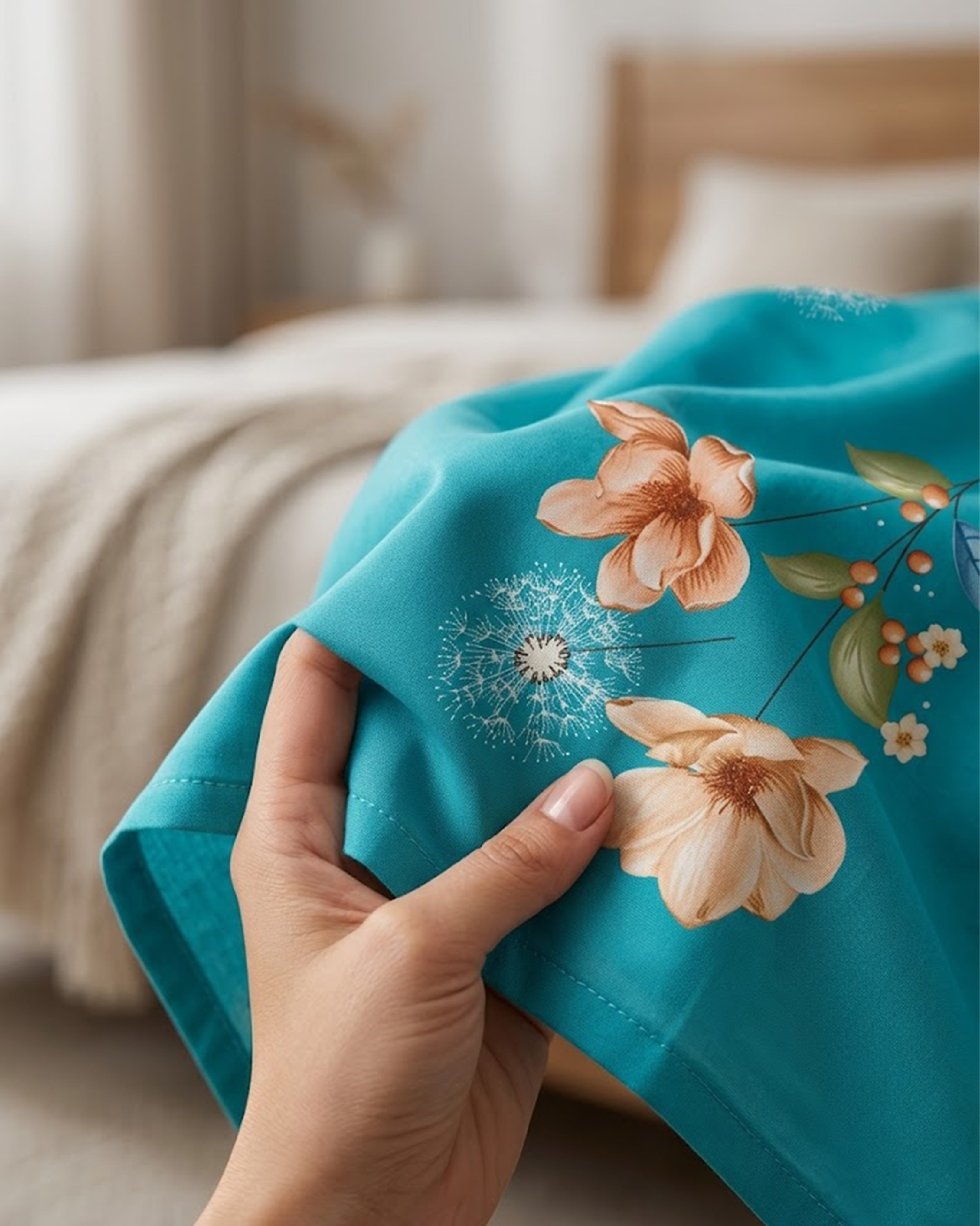 Premium Teal Floral Cotton Double Bed Sheet with 2 Matching Pillow Covers – Elegant Bloom Collection